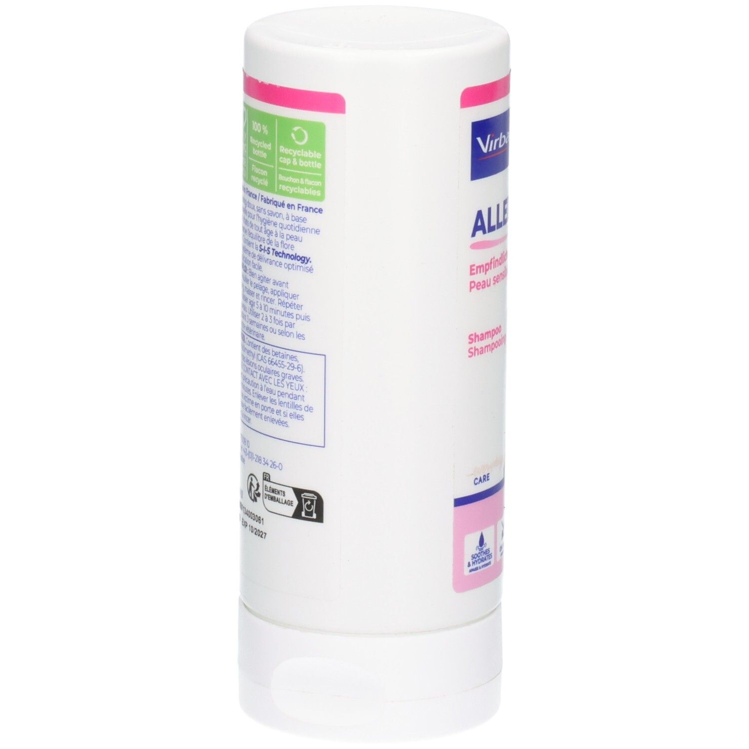 Flacon cylindrique blanc. Texte et logos sur le côté. Logo ECO-FRIENDLY PACKAGING. Texte en français. Vue arrière du flacon.