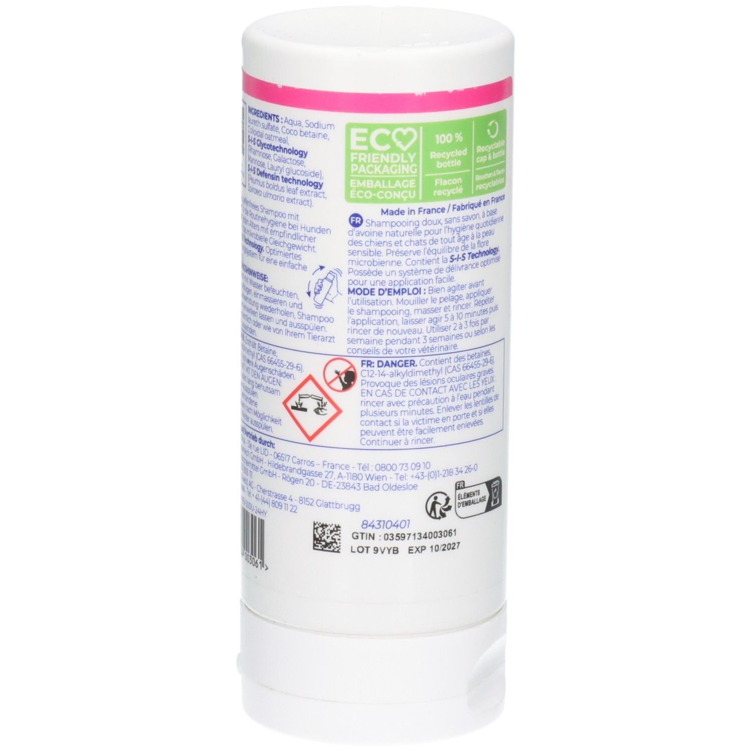 Flacon cylindrique blanc. Dos avec texte, avertissements et code QR. Logo ECO-FRIENDLY PACKAGING. Code-barres et numéro de lot.