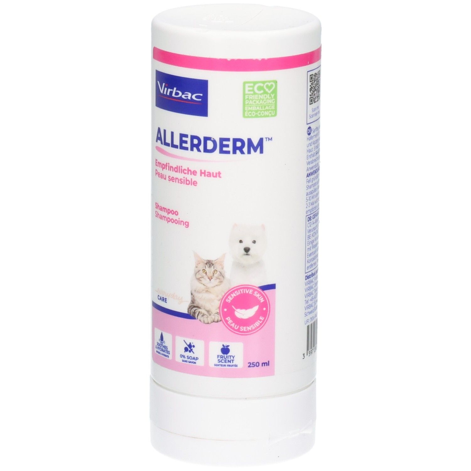 Flacon cylindrique blanc avec accents roses et bleus. Inscription: ALLERDERM, Empfindliche Haut, Peau sensible. Image d'un chat et d'un chien.