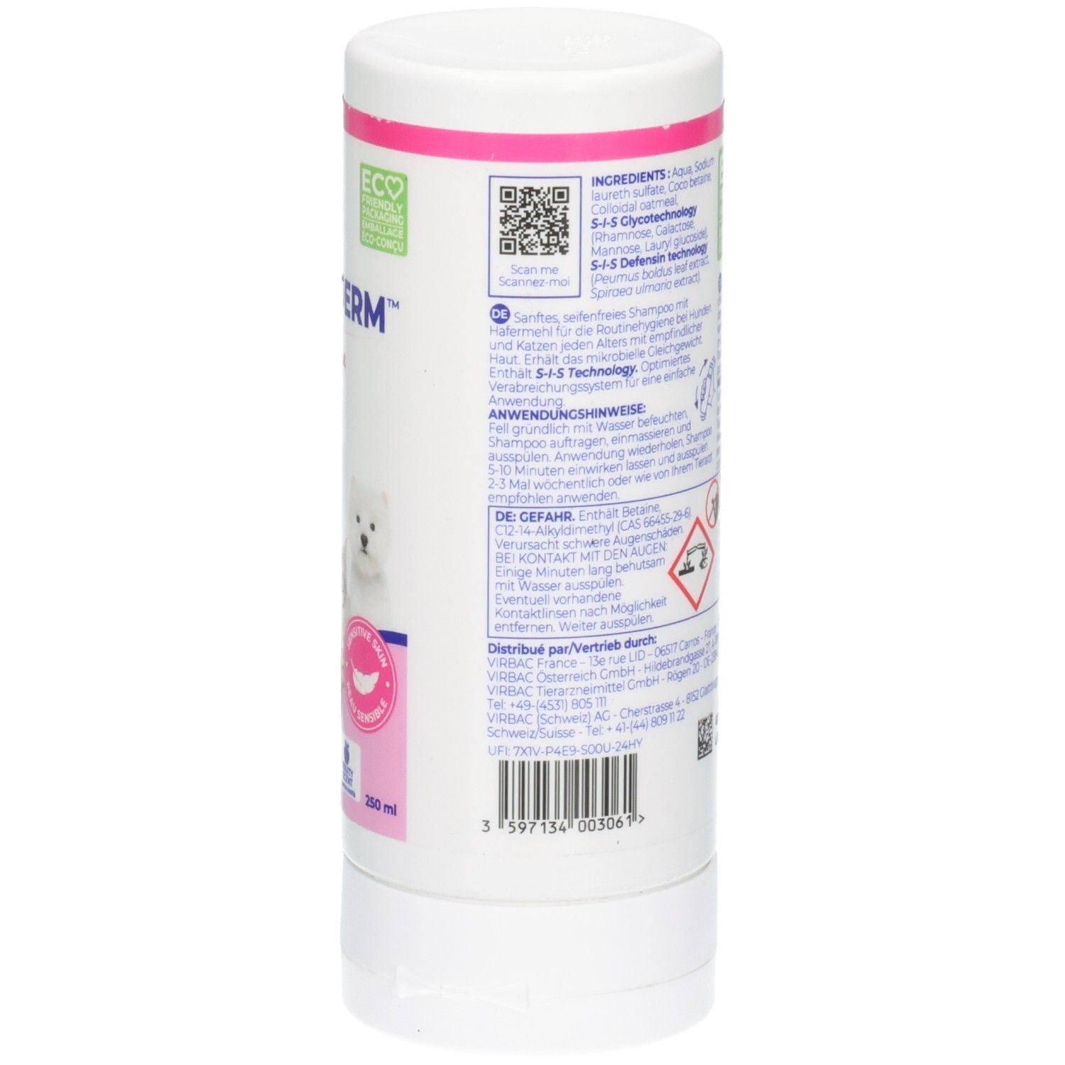 Flacon cylindrique blanc. Dos avec texte, code QR et ingrédients. Logo ECO-FRIENDLY PACKAGING. Code-barres et nom du produit.