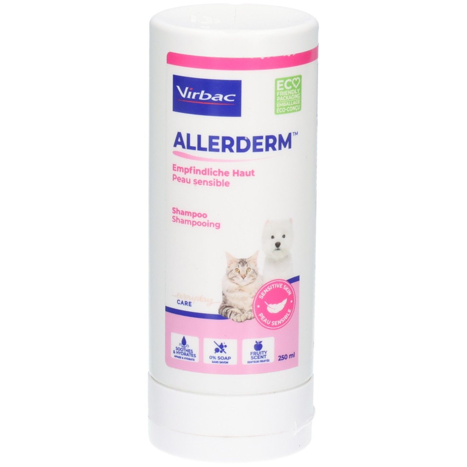 Flacon cylindrique blanc avec accents roses et bleus. Inscription: ALLERDERM, Empfindliche Haut, Peau sensible. Image d'un chat et d'un chien.