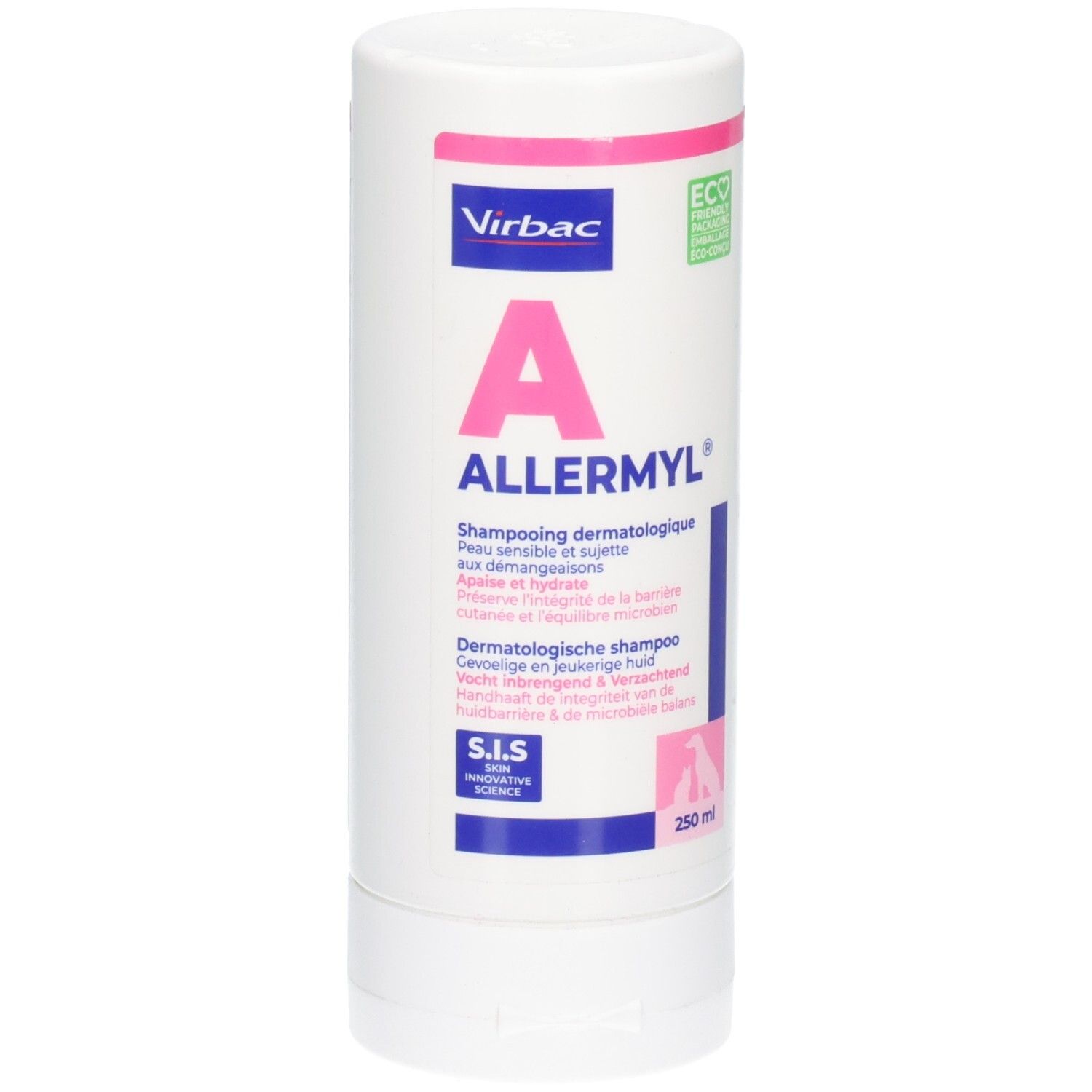 Flacon blanc avec texte rose et bleu. Contient ALLERMYL Shampooing. Marque Virbac. Avec label écologique.