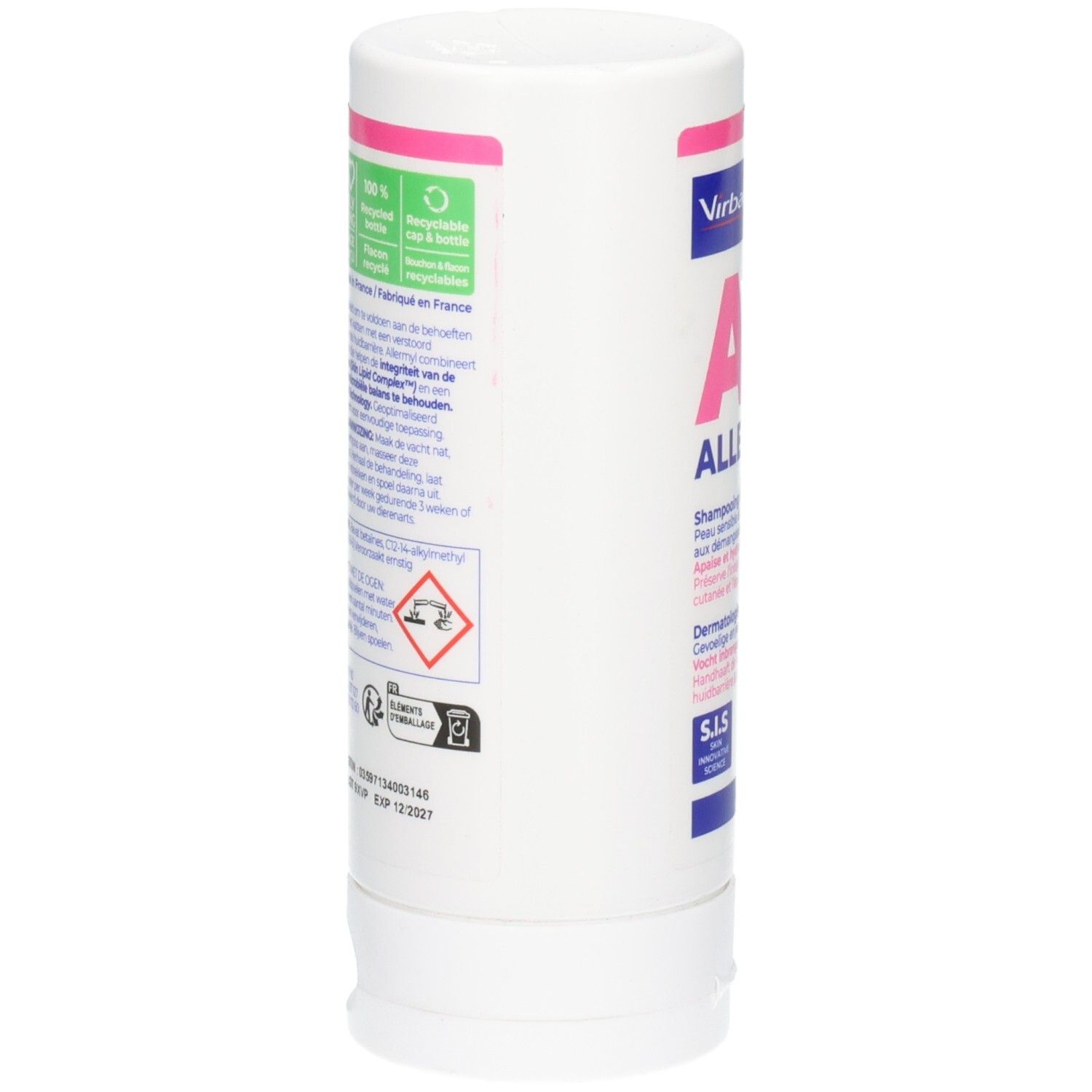 Flacon blanc avec texte rose et vert. Contient des informations sur les ingrédients et le recyclage. Marque Virbac.
