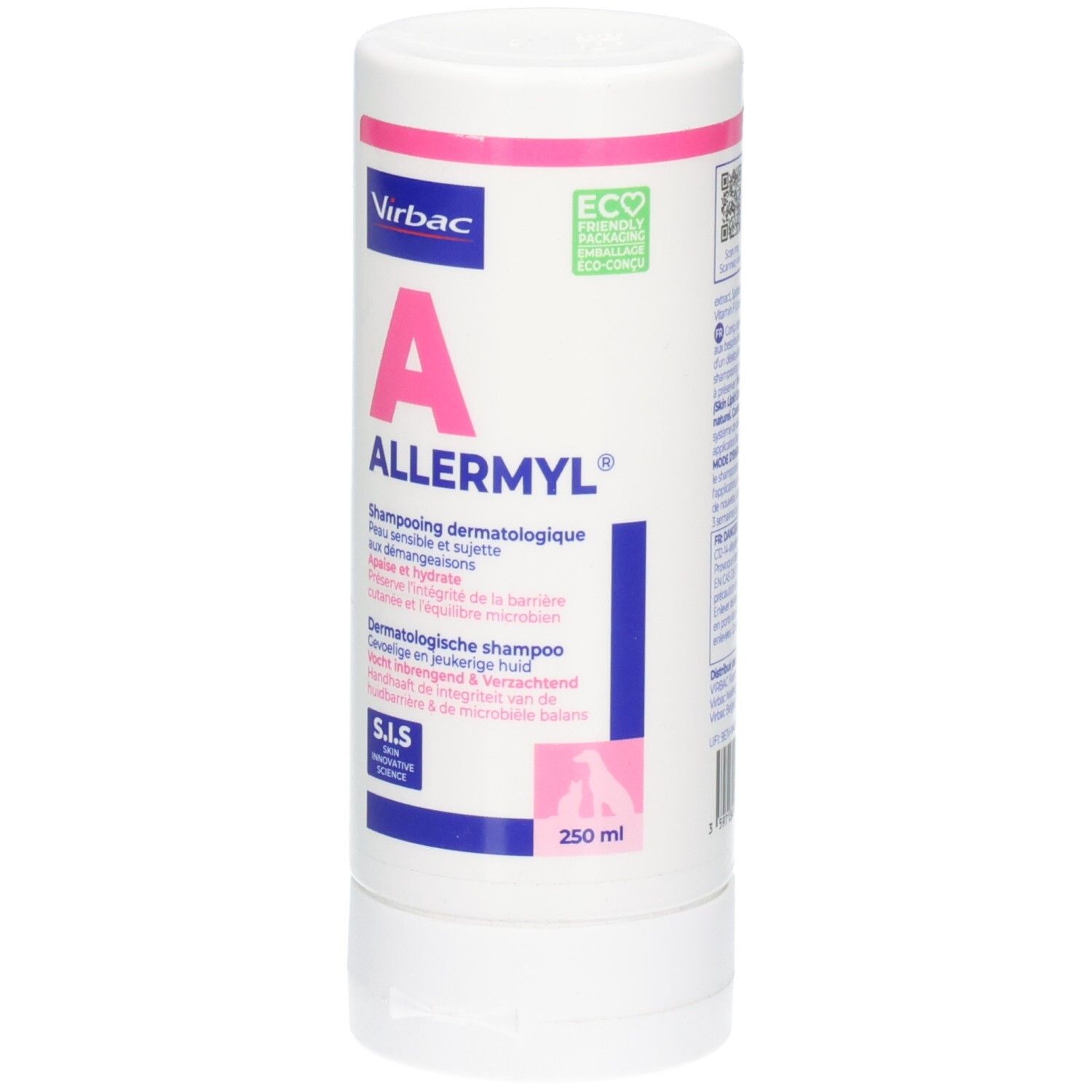 Flacon blanc avec texte rose et bleu. Contient ALLERMYL Shampooing. Marque Virbac. Avec label écologique.