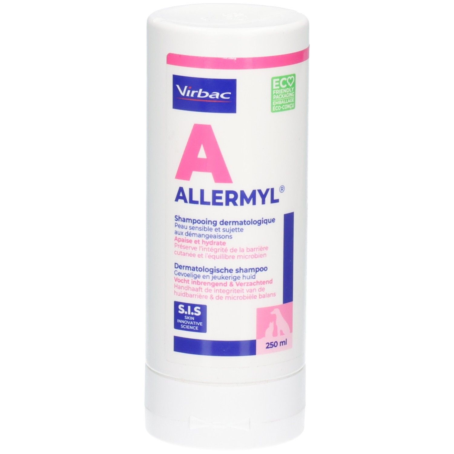 Flacon blanc avec texte rose et bleu. Contient ALLERMYL Shampooing. Marque Virbac. Avec label écologique.