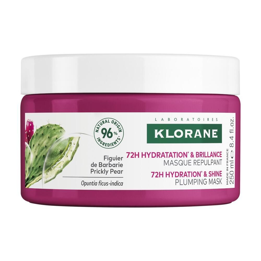 Pot rose avec couvercle blanc. Inscription: Klorane, 72H Hydratation & Brillance, Figuier de Barbarie. Contenance: 250 ml.