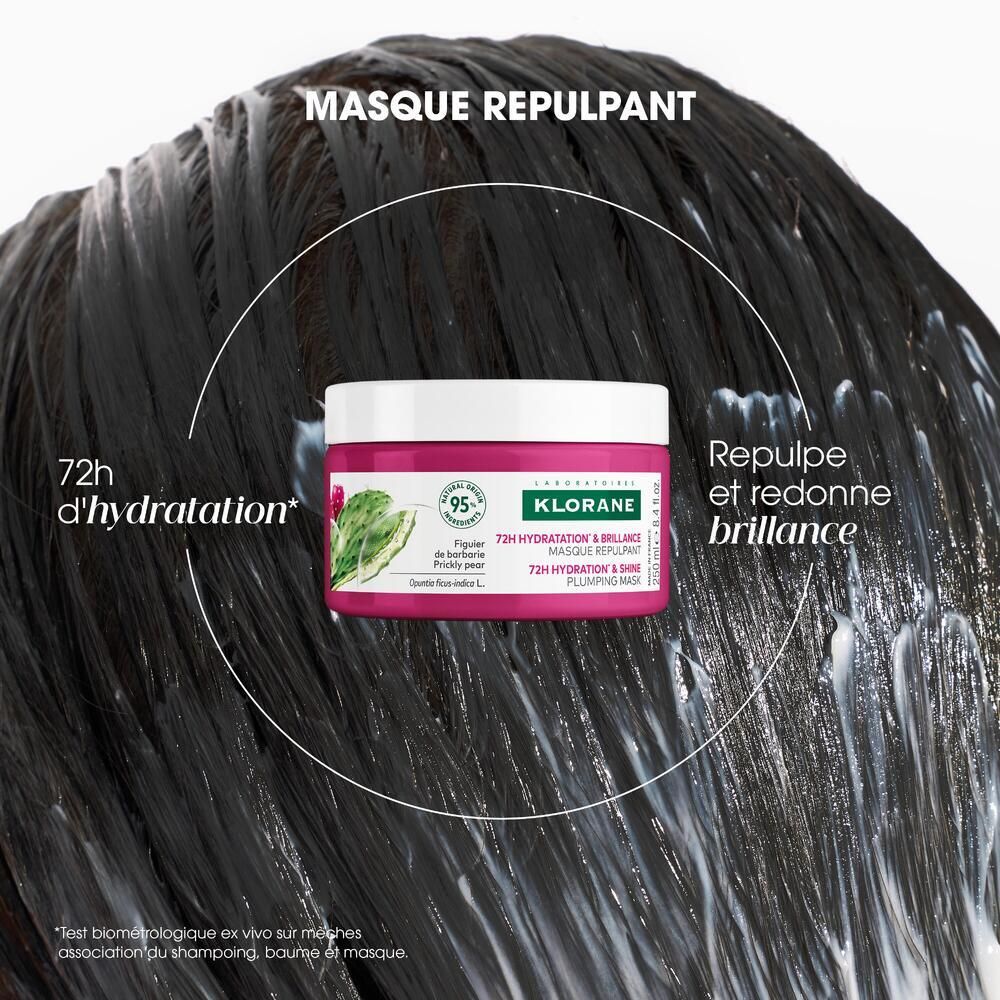 Cheveux foncés recouverts de crème. Pot en arrière-plan. Texte: Masque Repulpant, 72h d'hydratation.