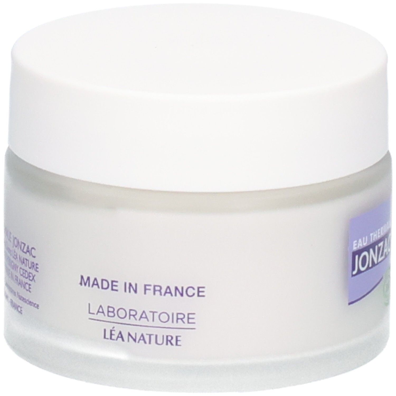 Pot de crème blanc avec couvercle blanc. Inscription: Made in France, Laboratoire Léa Nature. Étiquette violette avec Jonzac.