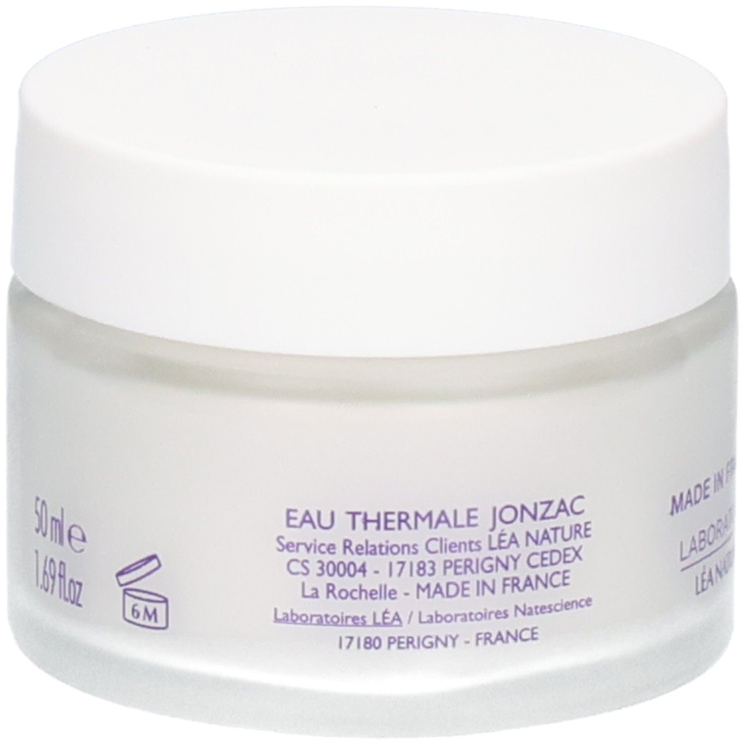 Pot de crème blanc avec couvercle blanc. Inscription: Eau Thermale Jonzac, 50ml, 1.69 fl.oz, 6M. Adresse et origine.