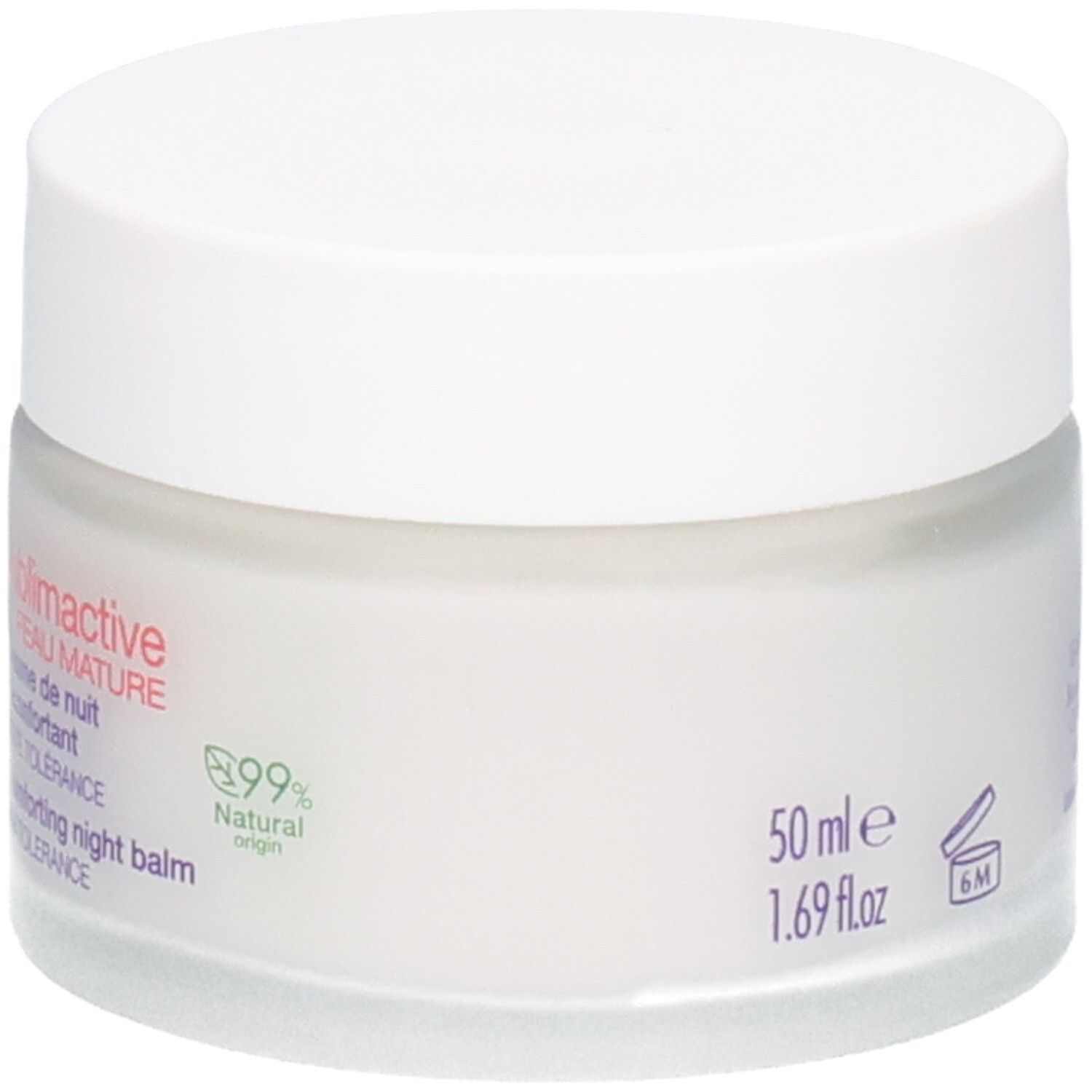 Pot de crème blanc avec couvercle blanc. Inscription: 50 ml, 1.69 fl.oz, 6M. Étiquette avec Sublimactive, Peau Mature, 99% Natural origin.