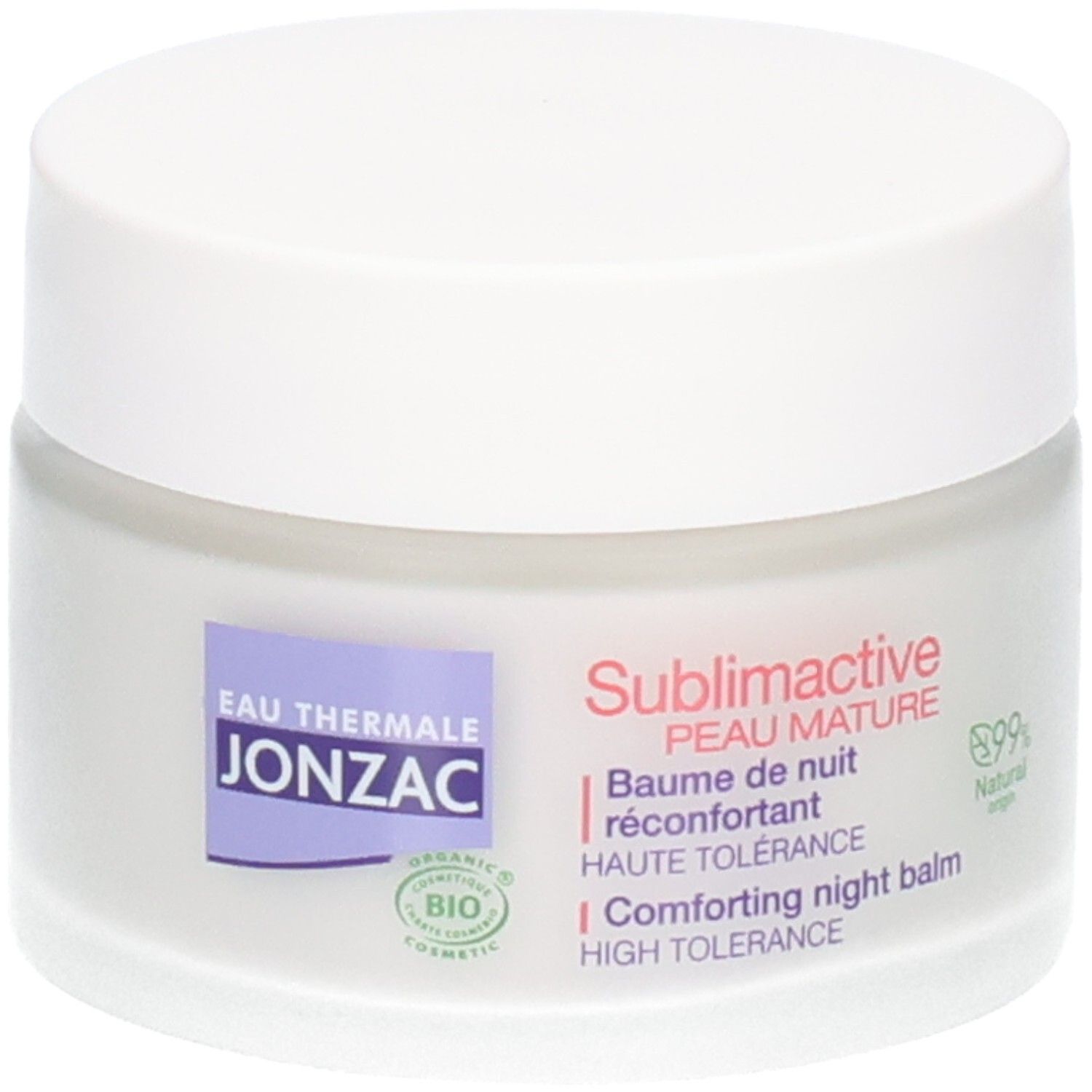 Pot de crème blanc avec couvercle blanc. Inscription: Eau Thermale Jonzac, Sublimactive, Peau Mature, 89% Natural origin, certification bio.