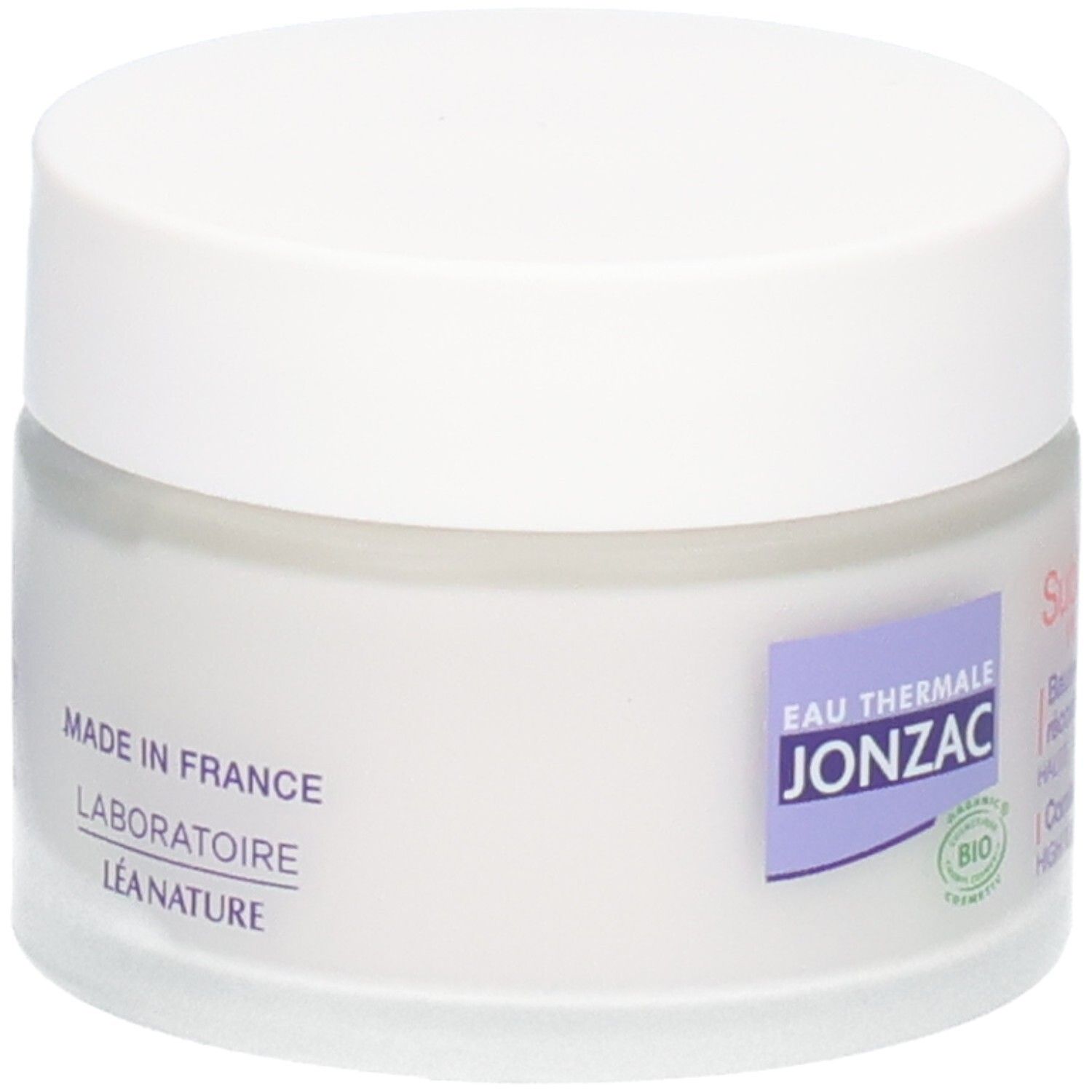 Pot de crème blanc avec couvercle blanc. Inscription: Eau Thermale Jonzac, Laboratoire Léa Nature, Made in France, certification bio.