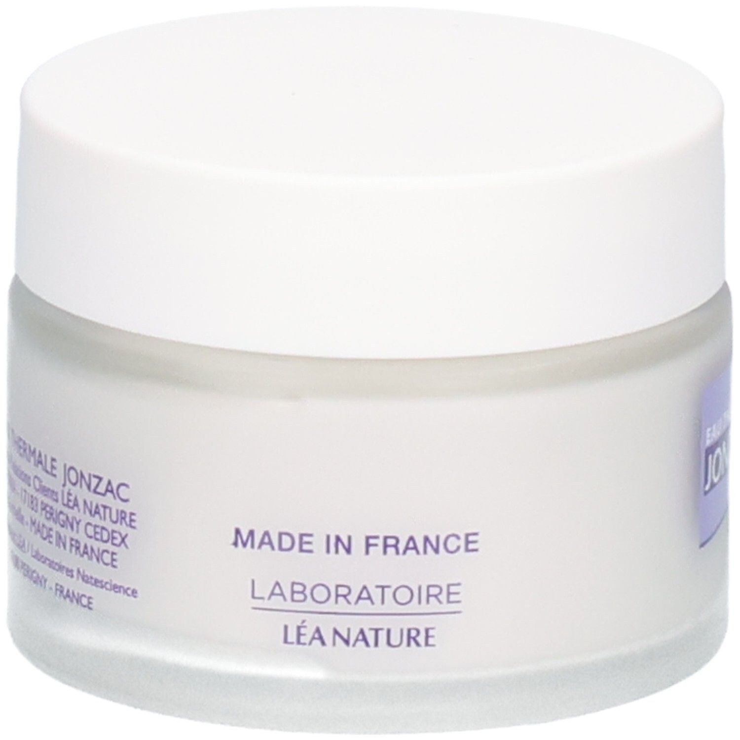 Pot de crème blanc avec couvercle blanc. Inscription: Eau Thermale Jonzac, Laboratoire Léa Nature, Made in France.