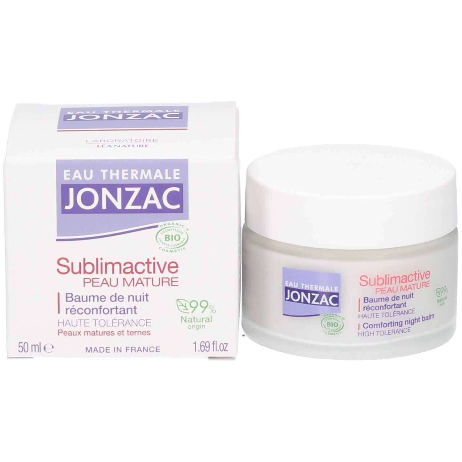 Pot de crème et emballage. Inscription: Eau Thermale Jonzac, Sublimactive, Peau Mature, 50ml, 1.69 fl.oz, 99% Natural origin.