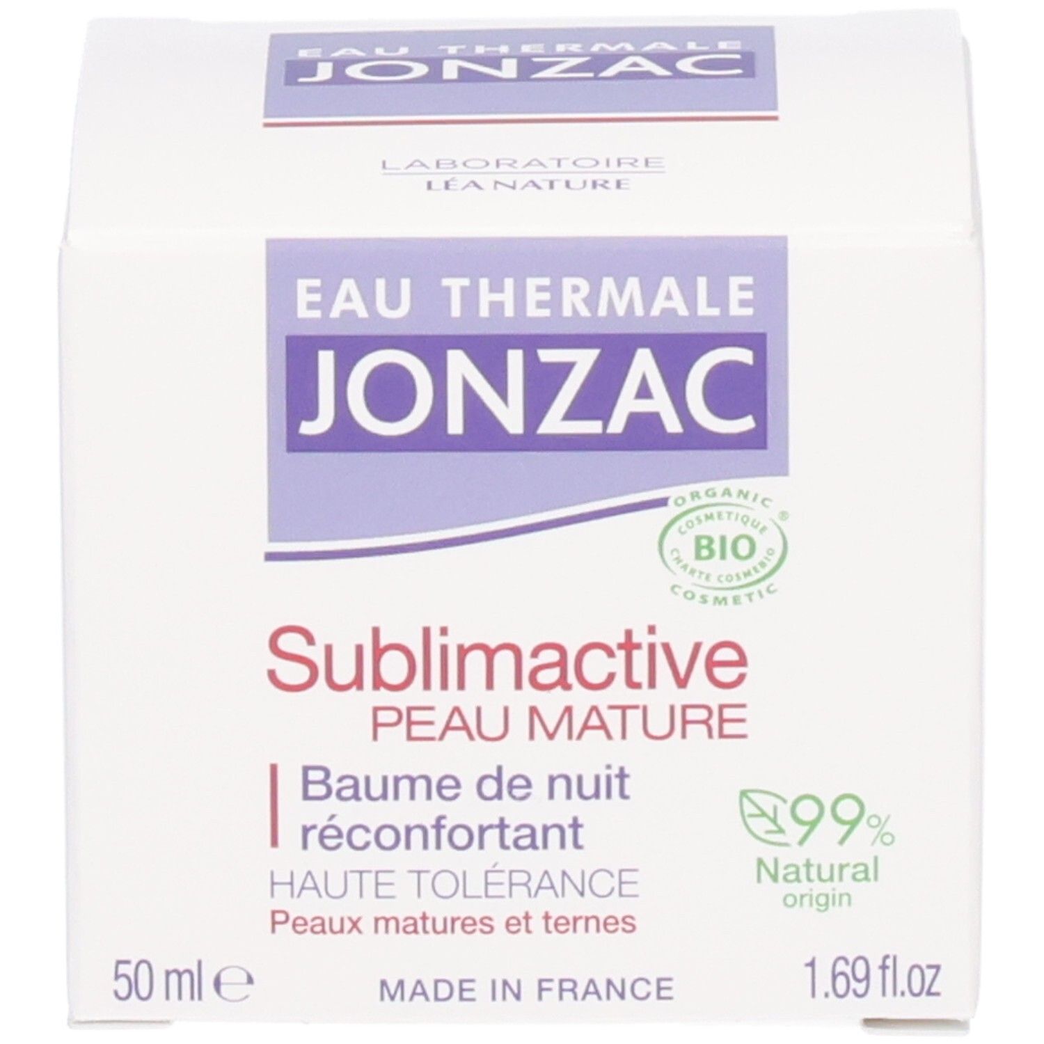 Emballage. Inscription: Eau Thermale Jonzac, Sublimactive, Peau Mature, 50ml, 1.69 fl.oz, 99% Natural origin, certification bio.