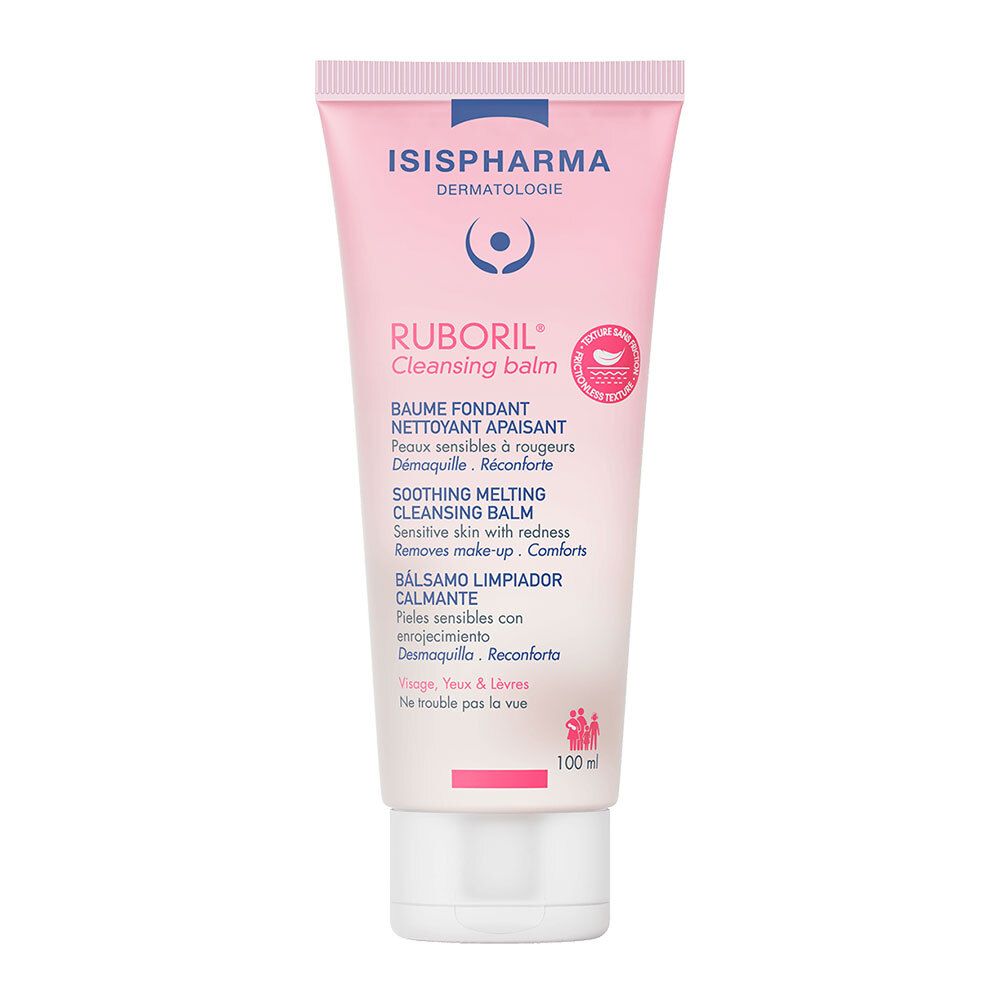 Tube rose avec bouchon blanc. Inscriptions: ISISPHARMA, RUBORIL Cleansing balm. Contient 100 ml.