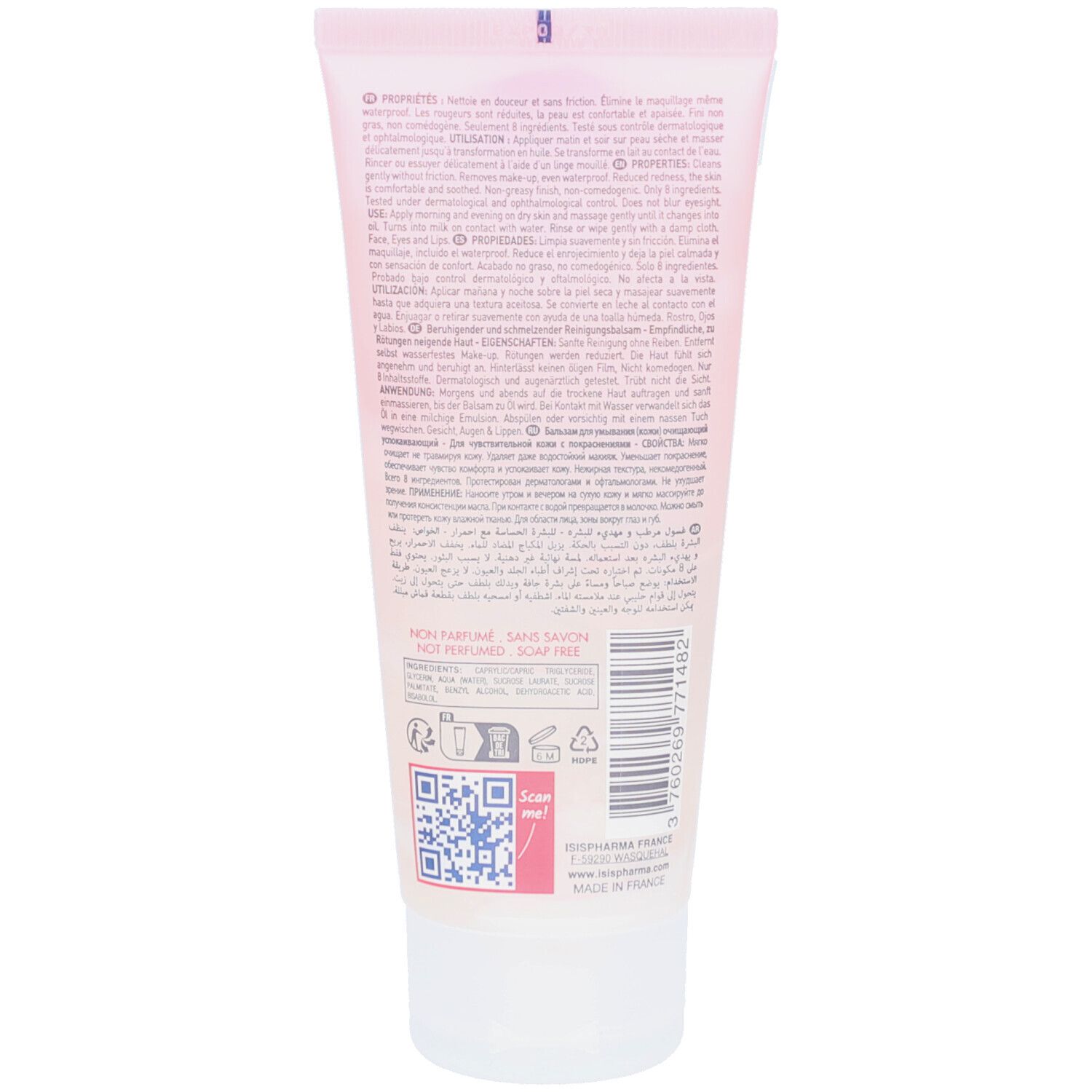 Dos d'un tube rose. Texte en plusieurs langues. Code QR et logos.