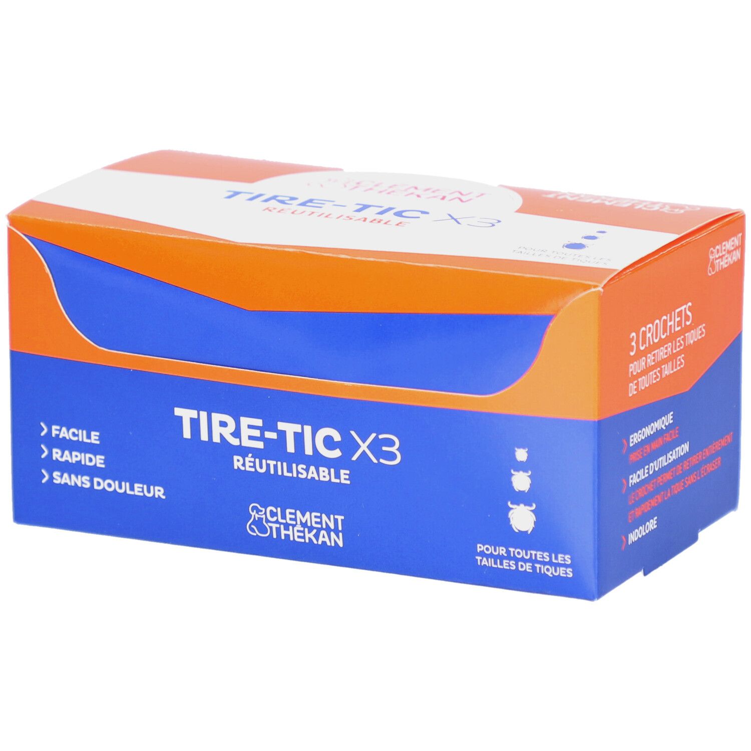 Boîte Tire-Tic X3, bleue, orange et blanche. Texte: Tire-Tic X3, Clement Thékan. Contient 3 crochets.