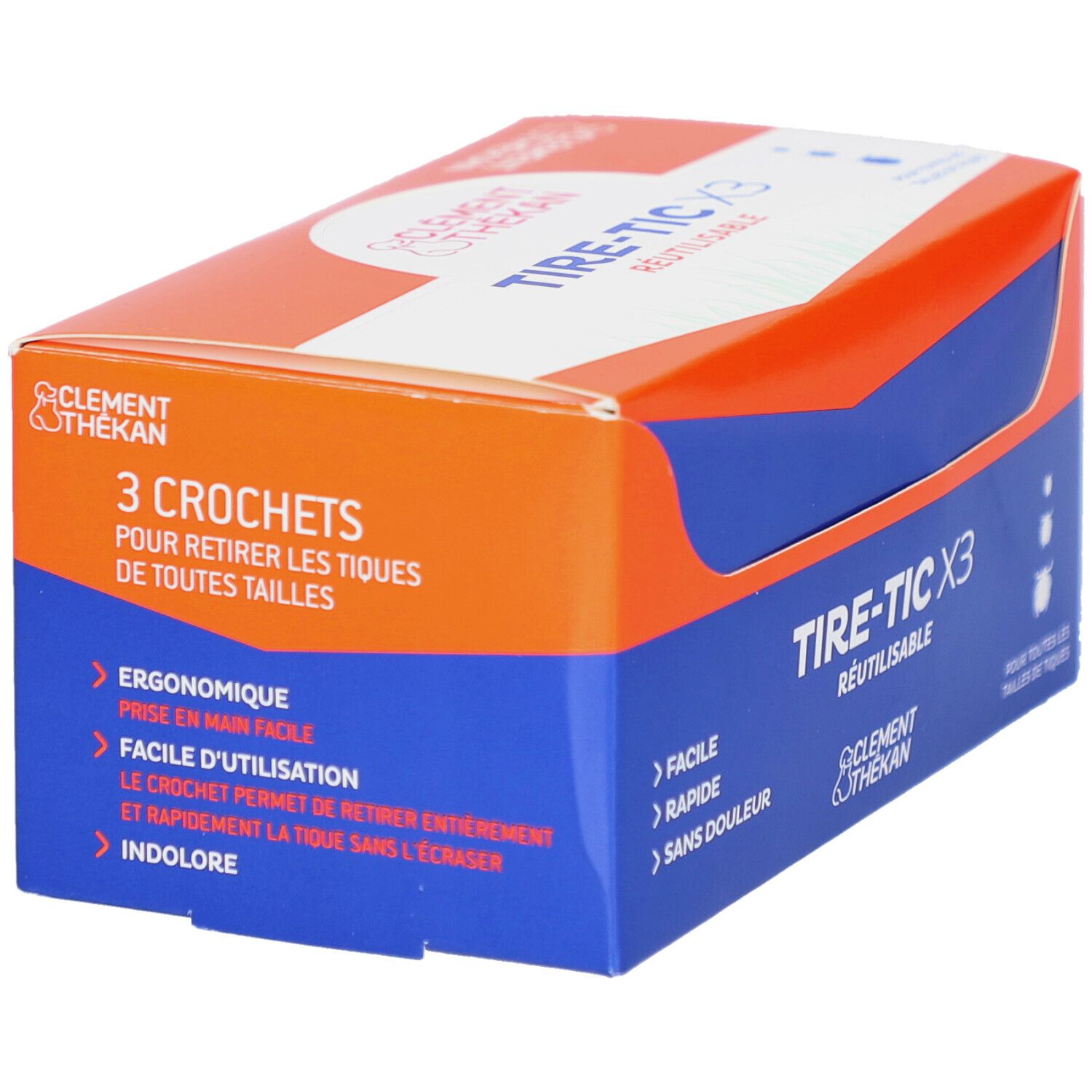 Boîte Tire-Tic X3. Bleu, orange et blanc. Texte: Tire-Tic X3, Clement Thékan. 3 crochets. Ergonomique, facile.