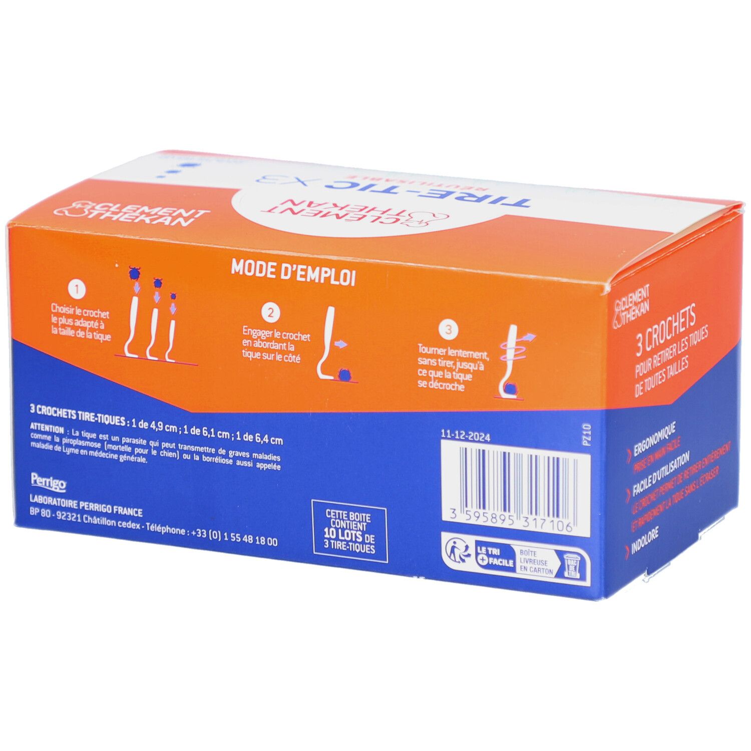 Dos de la boîte Tire-Tic X3. Bleu, orange et blanc. Texte: Clement Thékan. 3 crochets. Mode d'emploi.