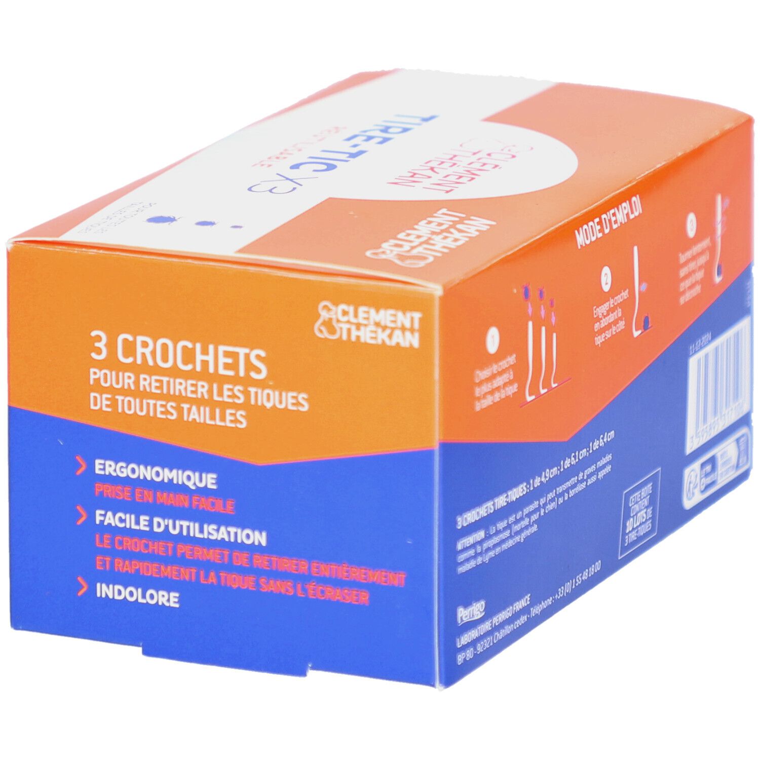 Boîte Tire-Tic X3. Bleu, orange et blanc. Texte: Clement Thékan. 3 crochets. Mode d'emploi.