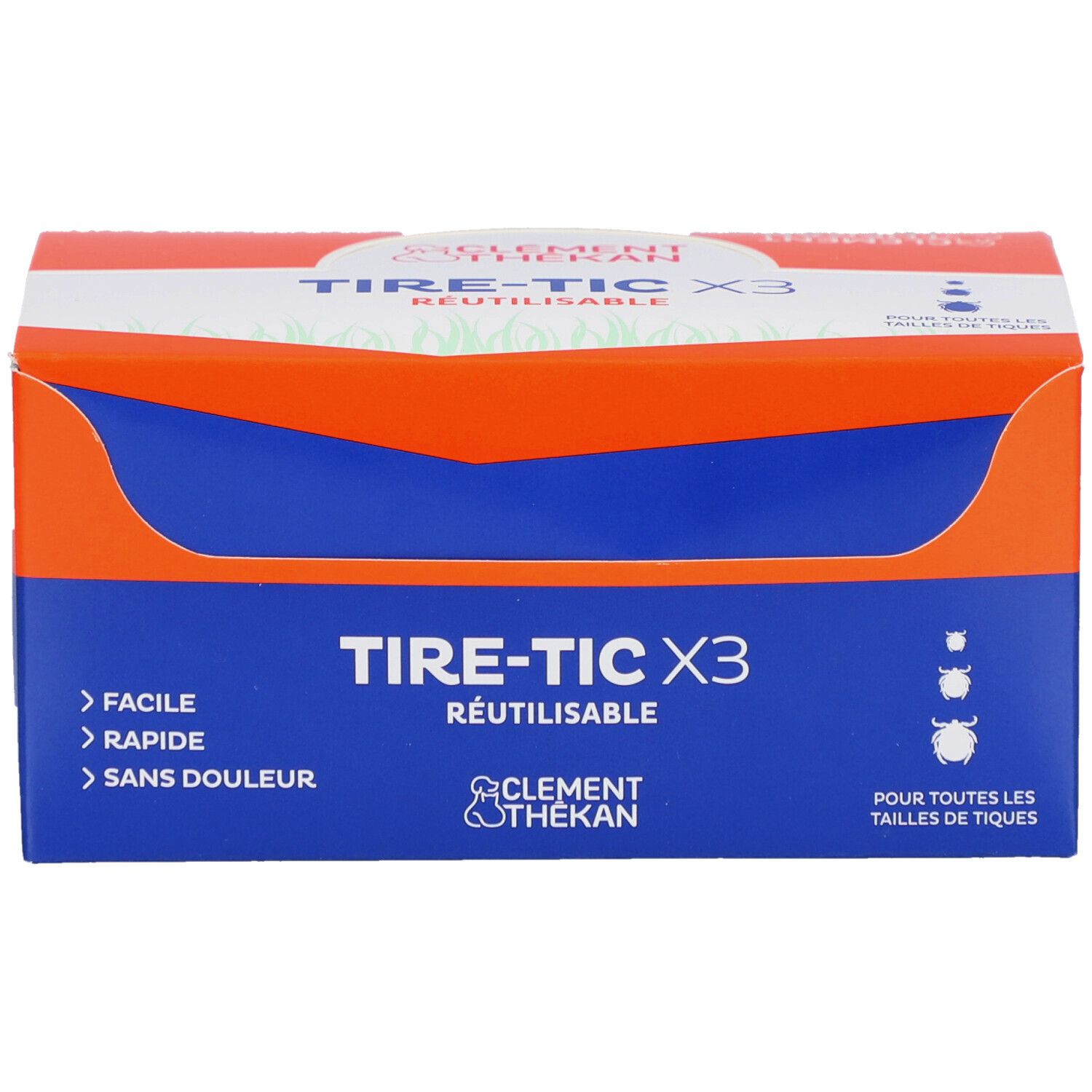 Boîte Tire-Tic X3, bleue et orange. Nom du produit et logo visibles. Contient 3 crochets.