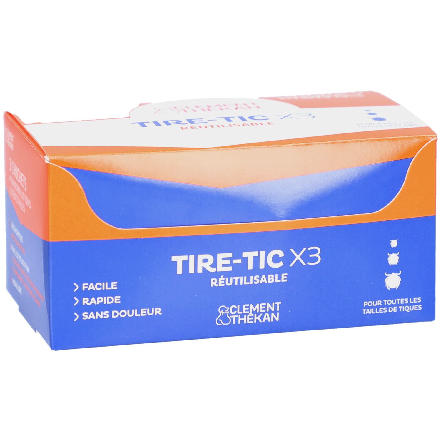 Boîte Tire-Tic X3. Bleu, orange et blanc. Texte: Tire-Tic X3, Clement Thékan. Contient 3 crochets.