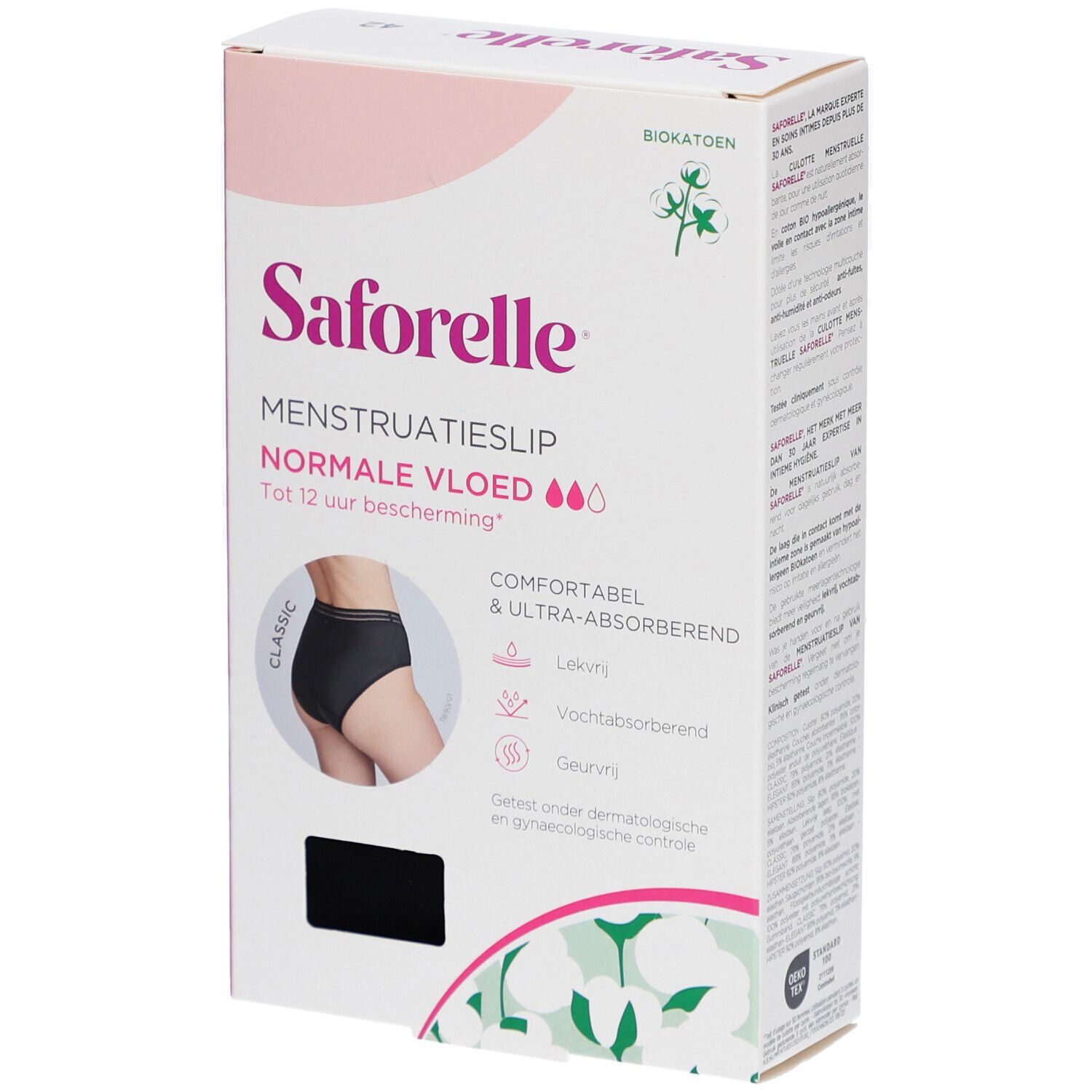 Boîte de SAFORELLE Menstruatieslip. Culotte noire représentée. Texte: Normale Vloed, jusqu'à 12h de protection.