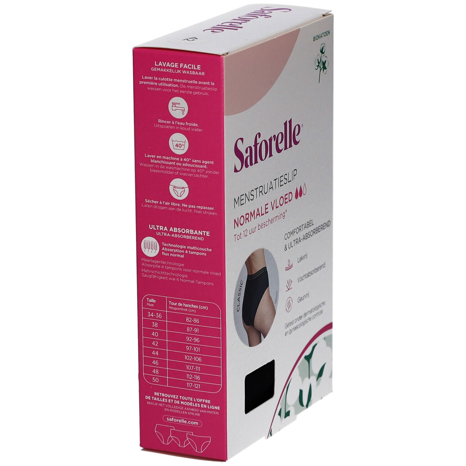 Boîte de SAFORELLE Menstruatieslip. Côté avec tableau des tailles. Texte: Normale Vloed, jusqu'à 12h de protection.