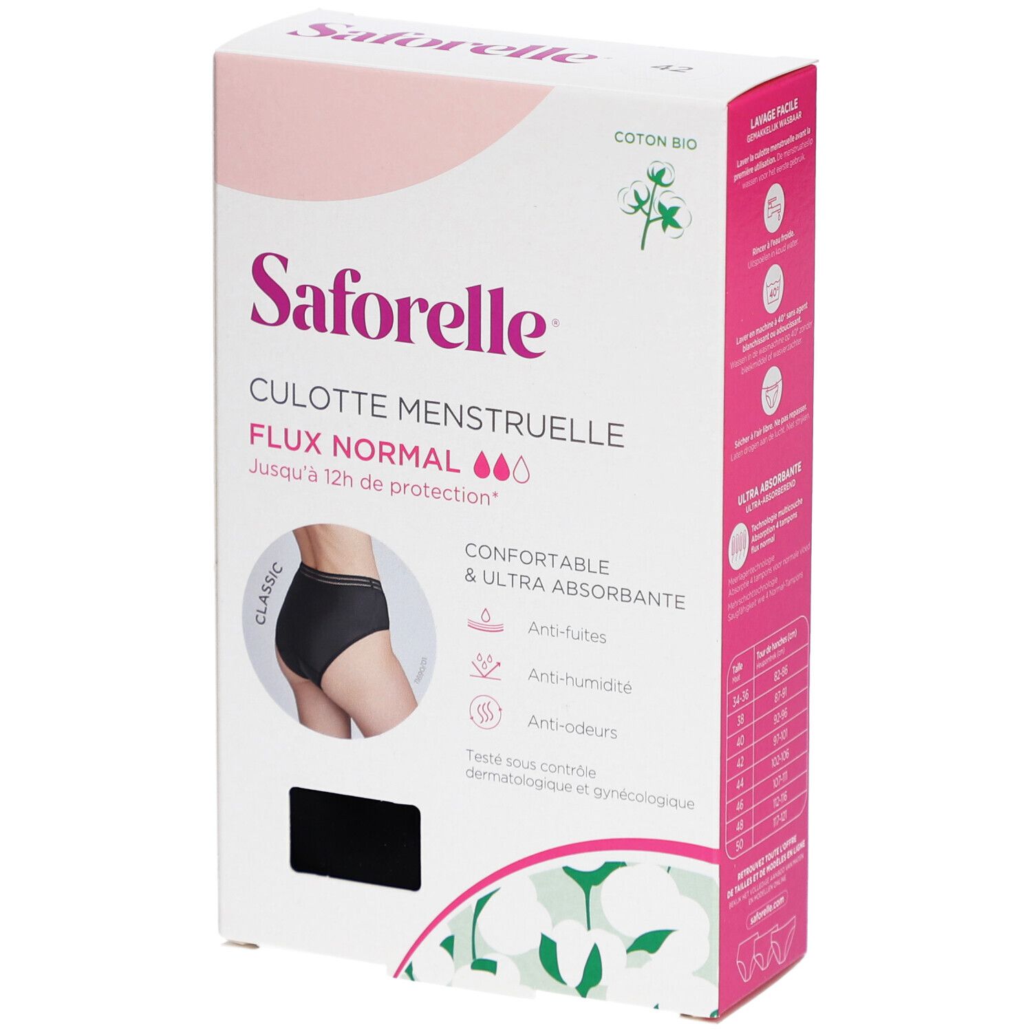 Boîte de SAFORELLE Culotte Menstruelle. Culotte noire représentée. Texte: Flux Normal, jusqu'à 12h de protection.