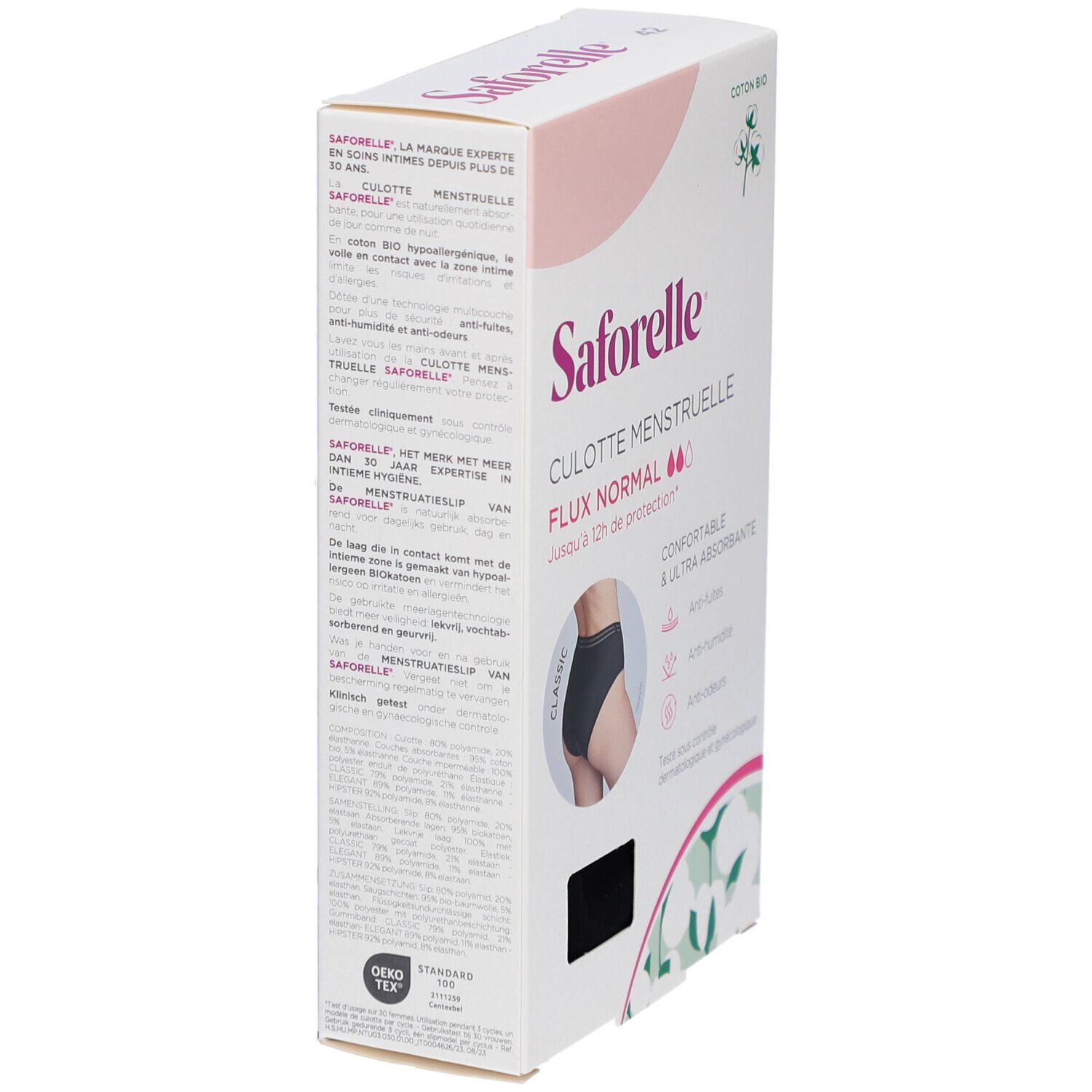 Boîte de SAFORELLE Culotte Menstruelle. Texte: Flux Normal, jusqu'à 12h de protection. Oeko-Tex Standard 100.