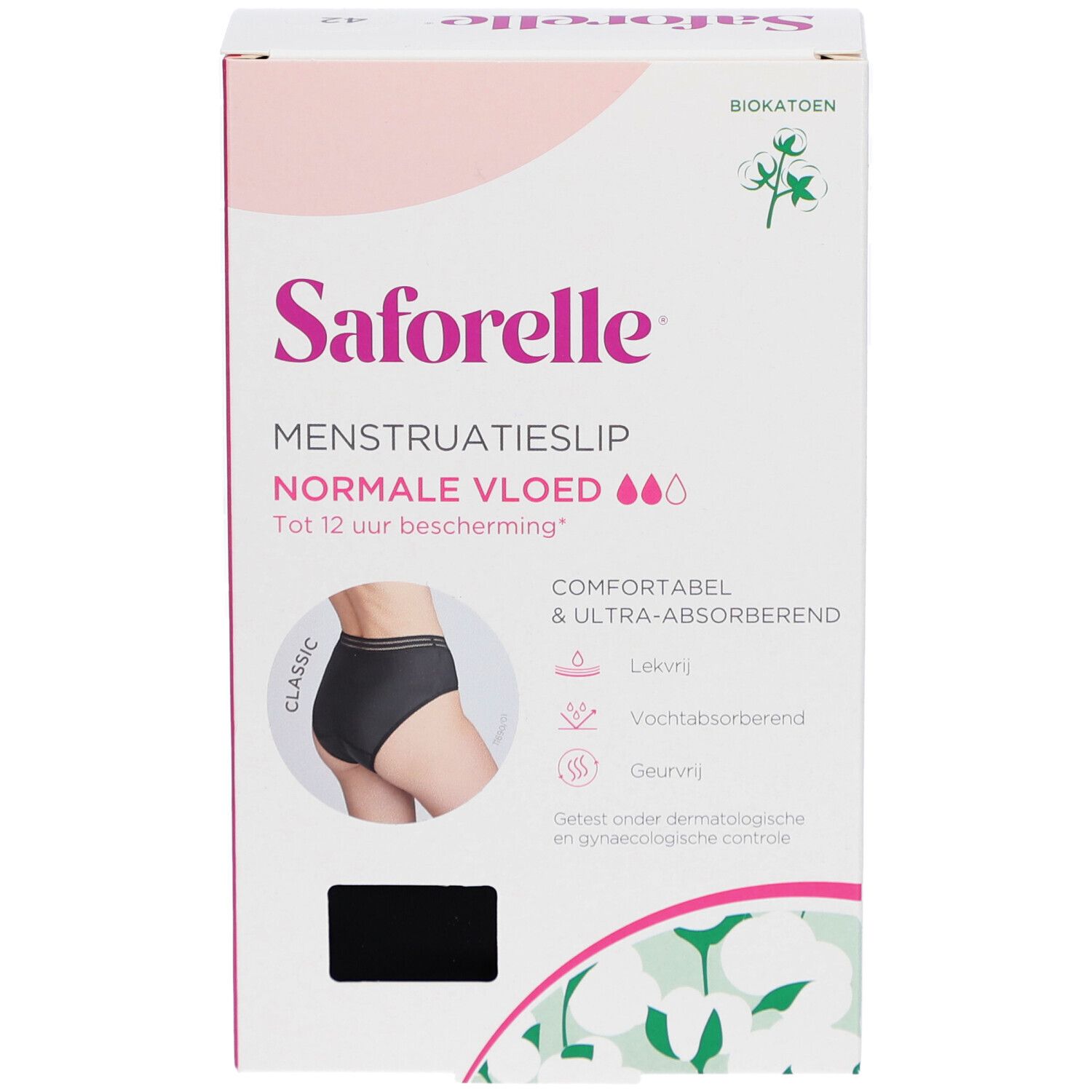 Boîte de SAFORELLE Menstruatieslip. Culotte noire représentée. Texte: Normale Vloed, jusqu'à 12h de protection.