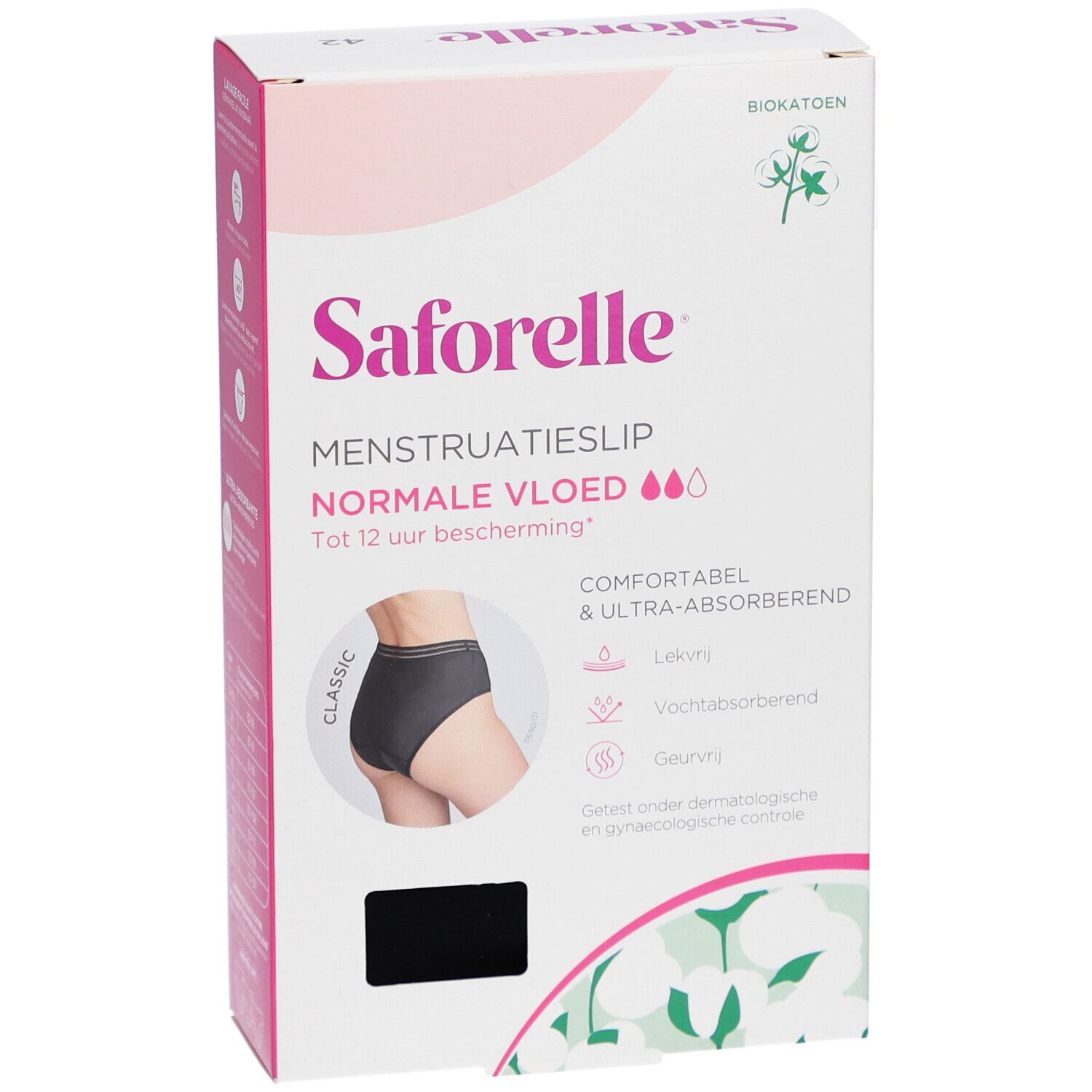 Boîte de SAFORELLE Menstruatieslip. Culotte noire représentée. Texte: Normale Vloed, jusqu'à 12h de protection.