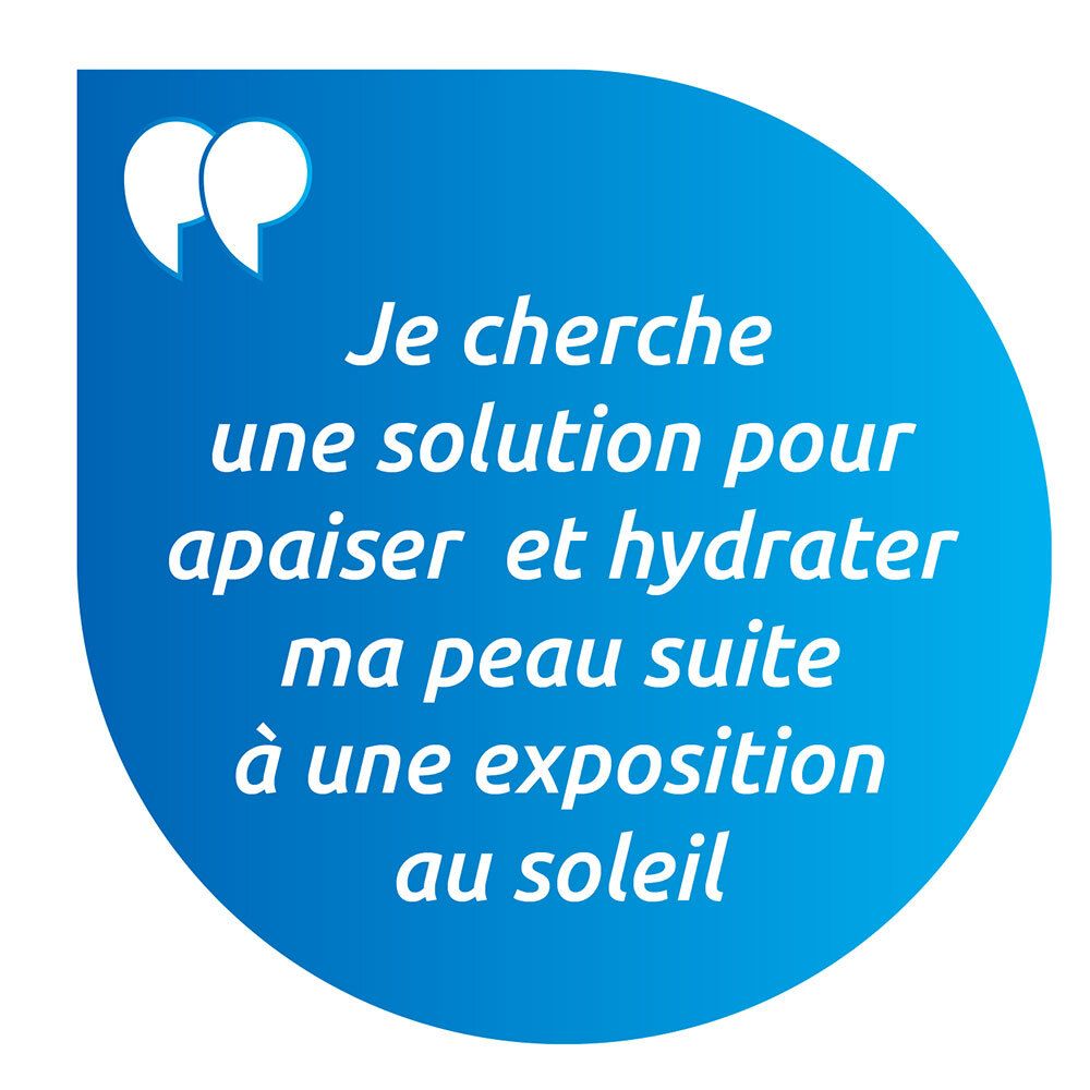 Bulle de dialogue bleue. Texte: Je cherche une solution pour apaiser et hydrater ma peau suite à une exposition au soleil.