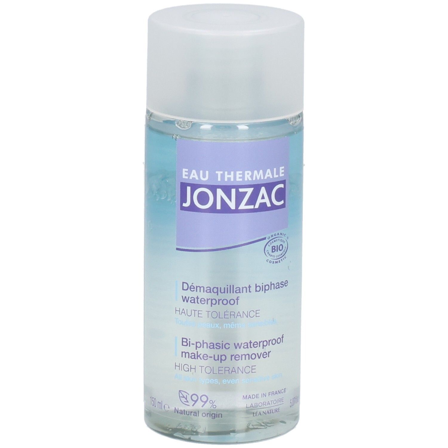 Flacon cylindrique contenant un liquide bleu et blanc. Étiquette avec texte: JONZAC, Eau Thermale, Démaquillant biphase waterproof.