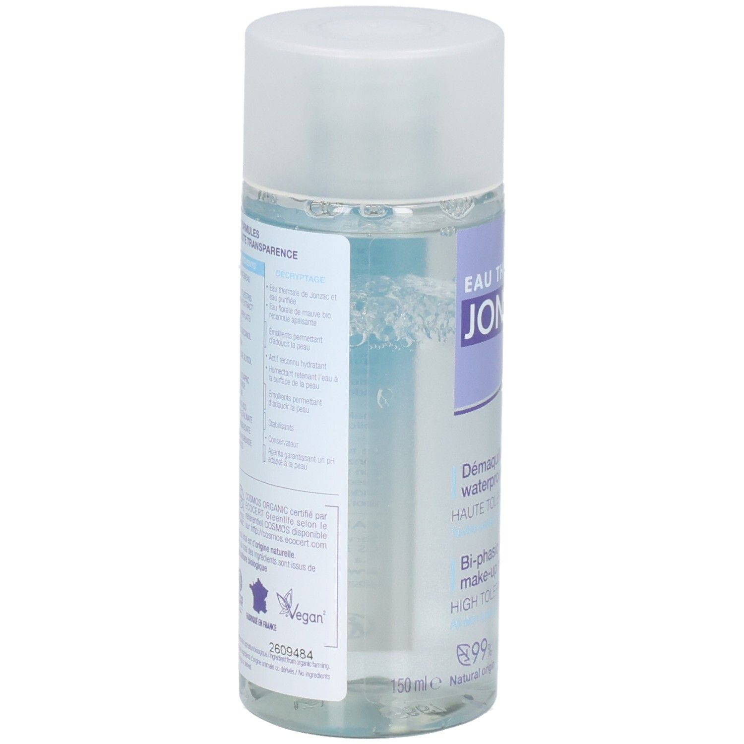 Flacon transparent avec liquide bleu. Dos avec texte et logos. Logo Vegan. 99% d'origine naturelle.