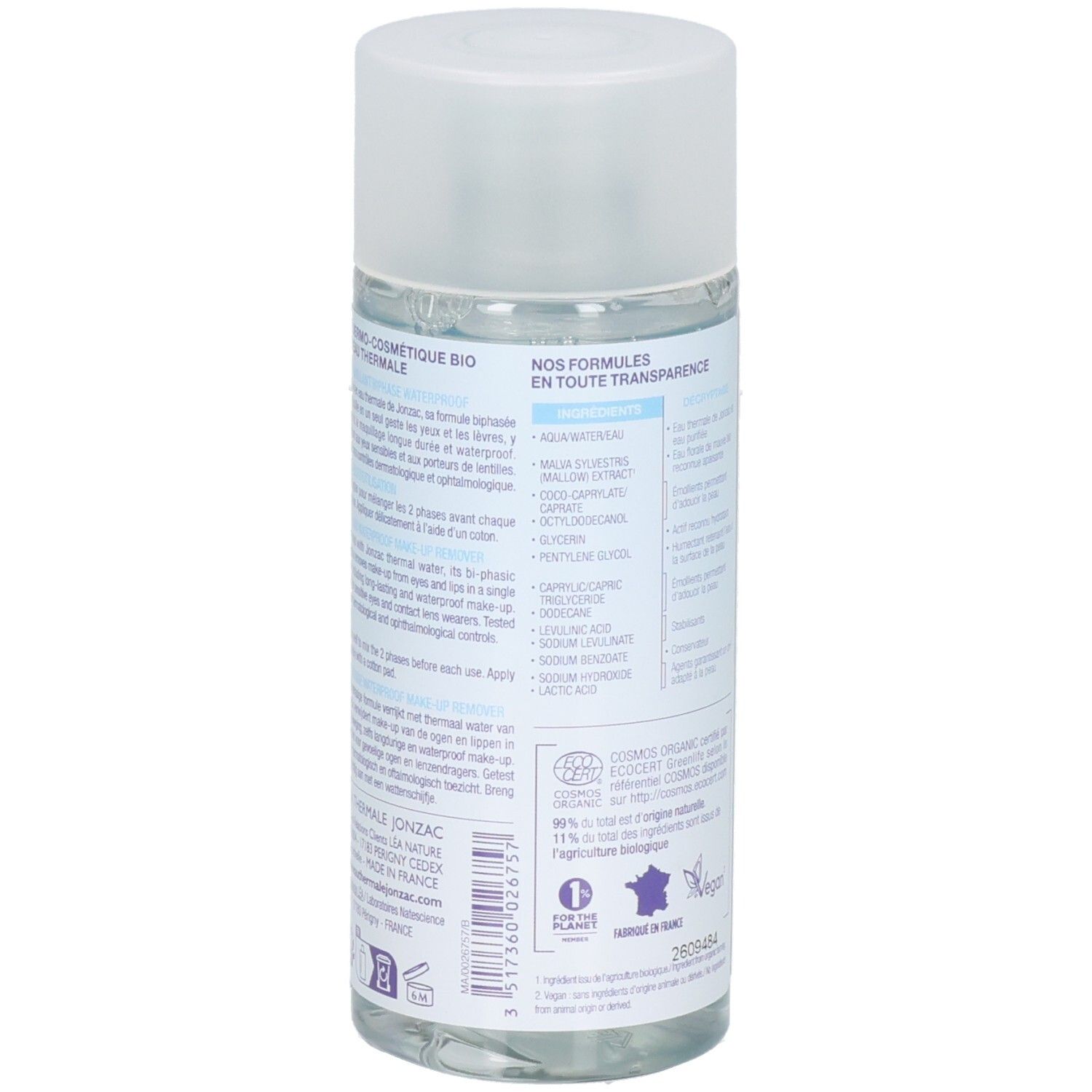 Dos du flacon avec liste d'ingrédients et logos. Certification bio. Fabriqué en France.