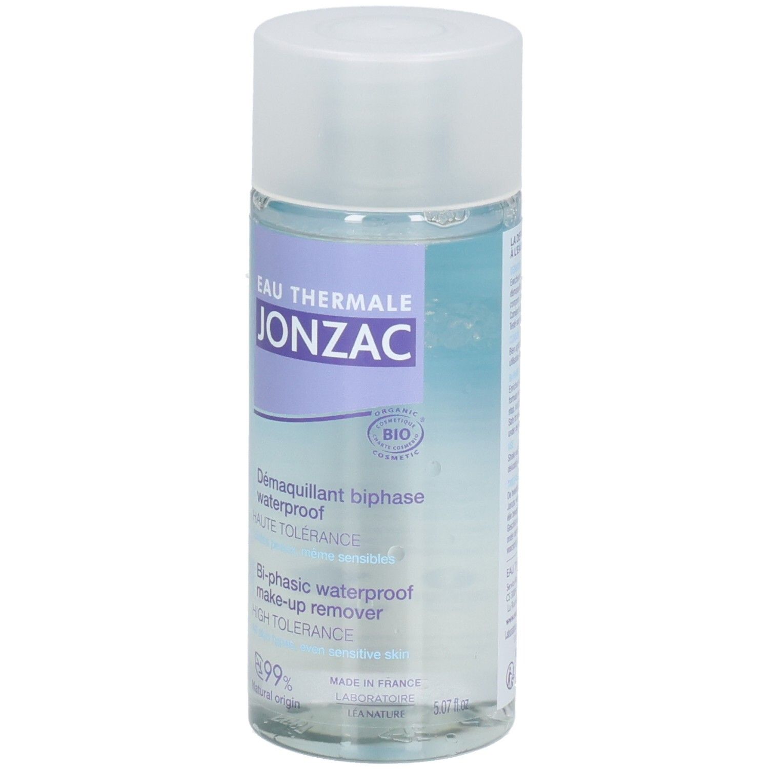 Flacon cylindrique avec liquide bleu et blanc. Étiquette avec texte: JONZAC, Eau Thermale, Démaquillant biphase waterproof.