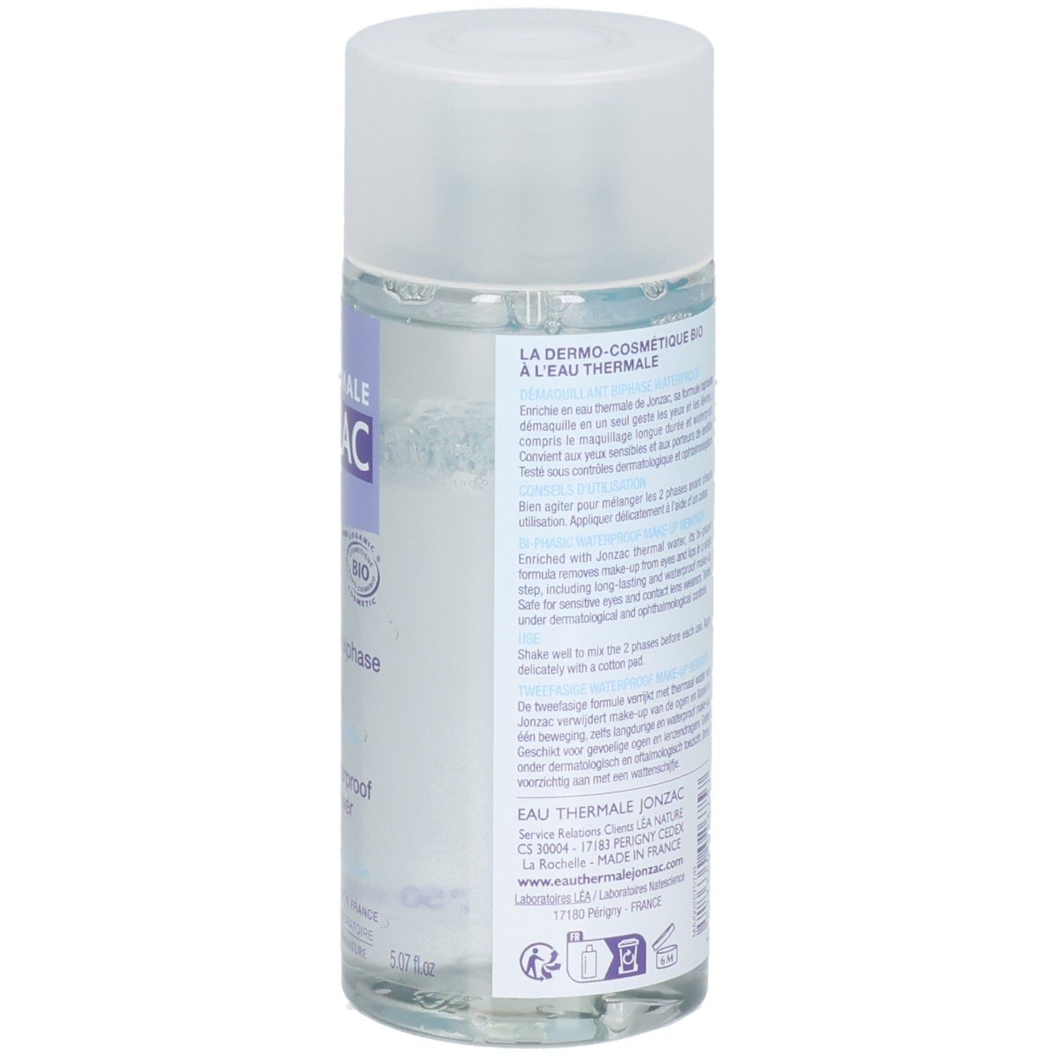 Flacon avec liquide bleu. Texte: La Dermo-Cosmétique à l'Eau Thermale. Instructions en français.