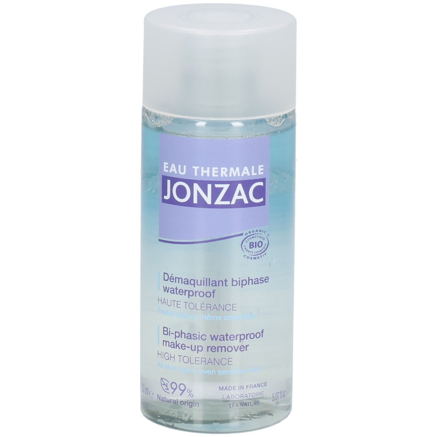 Flacon cylindrique avec liquide bleu et blanc. Étiquette avec texte: JONZAC, Eau Thermale, Démaquillant biphase waterproof.