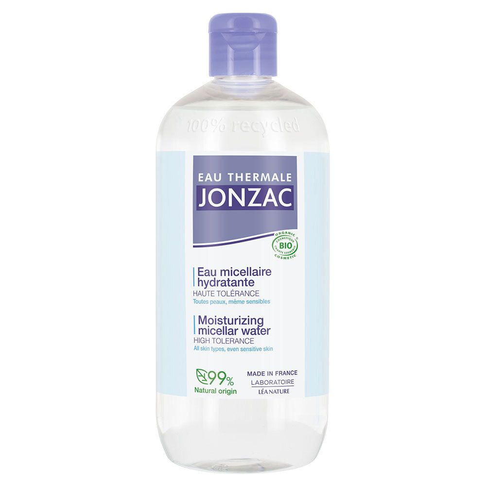 Flacon Jonzac Eau Micellaire Hydratante Bio. Liquide bleu clair, bouchon violet. Certification bio.