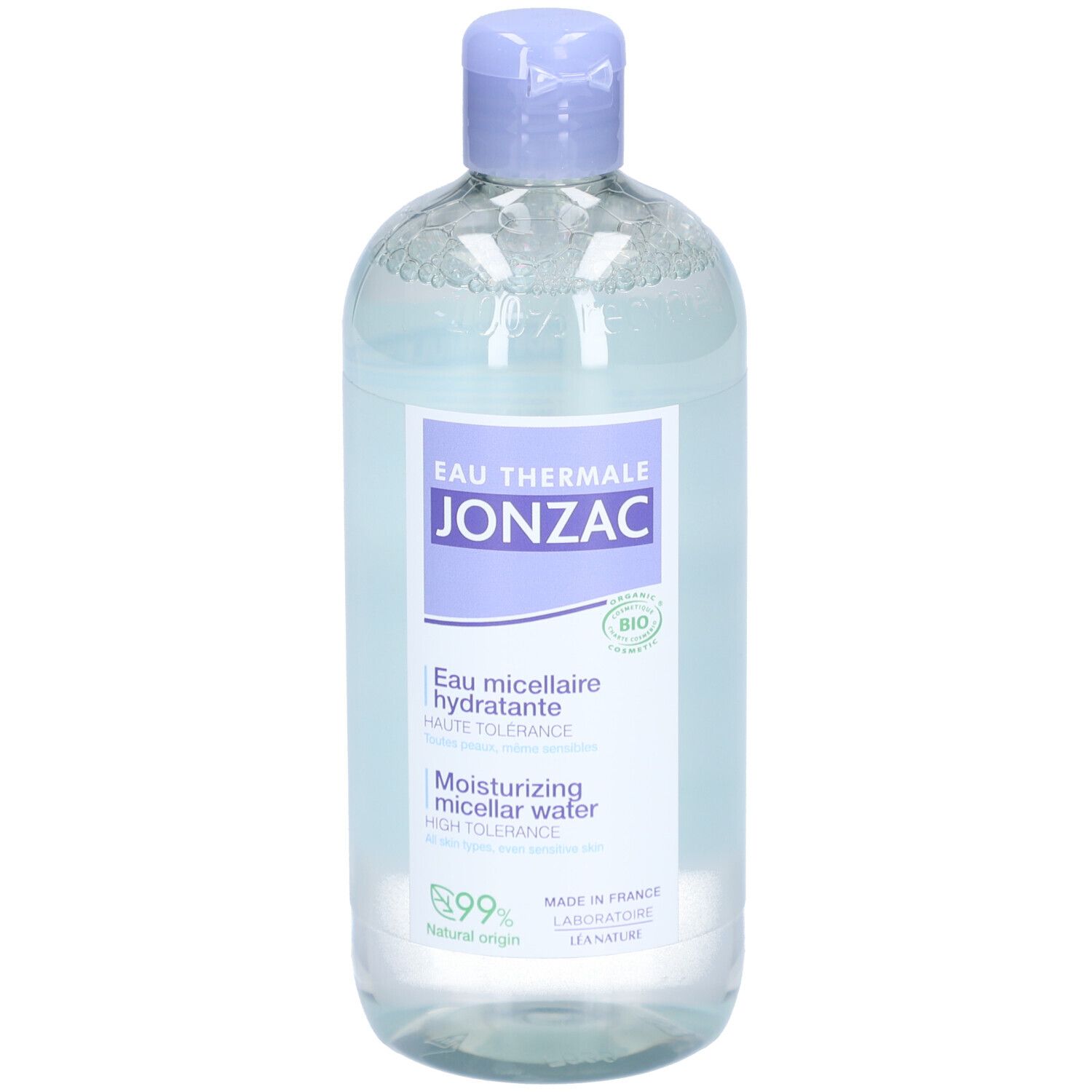 Flacon Jonzac Eau Micellaire Hydratante Bio. Liquide bleu clair, bouchon violet. Certification bio.