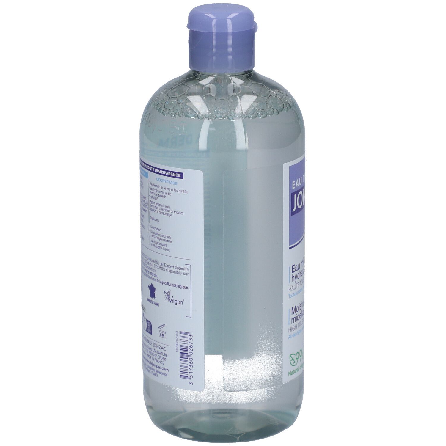 Dos du flacon Jonzac Eau Micellaire Hydratante Bio. Ingrédients, certifications, origine.