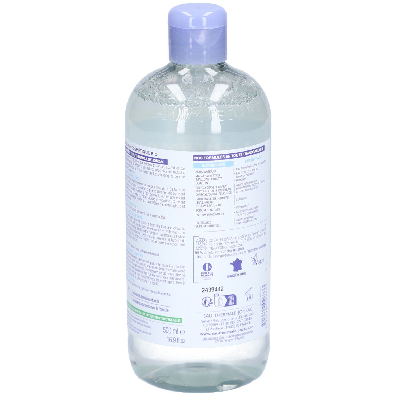 Dos du flacon Jonzac Eau Micellaire Hydratante Bio. Conseils d'utilisation, ingrédients, certifications.