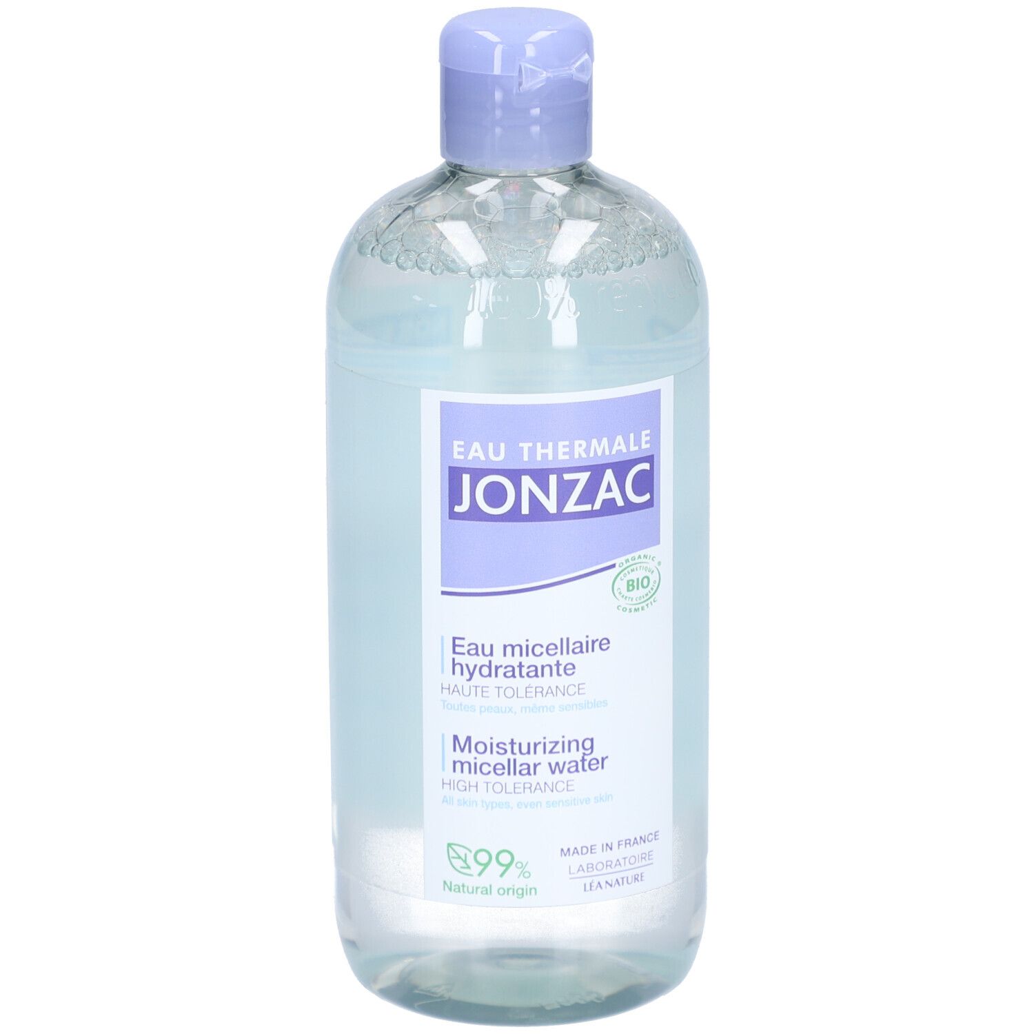 Flacon Jonzac Eau Micellaire Hydratante Bio. Liquide bleu clair, bouchon violet. Certification bio.