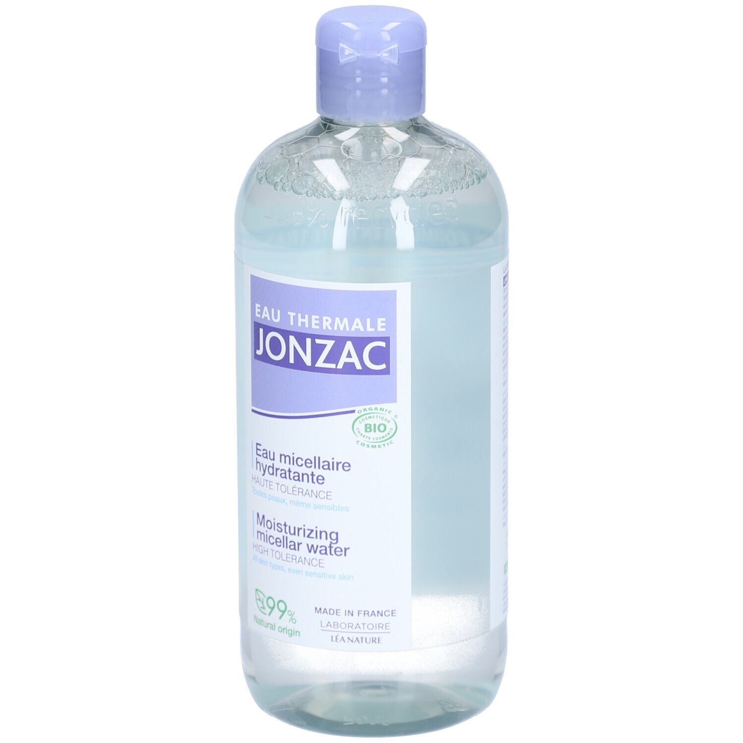 Flacon Jonzac Eau Micellaire Hydratante Bio. Liquide bleu clair, bouchon violet. Certification bio.