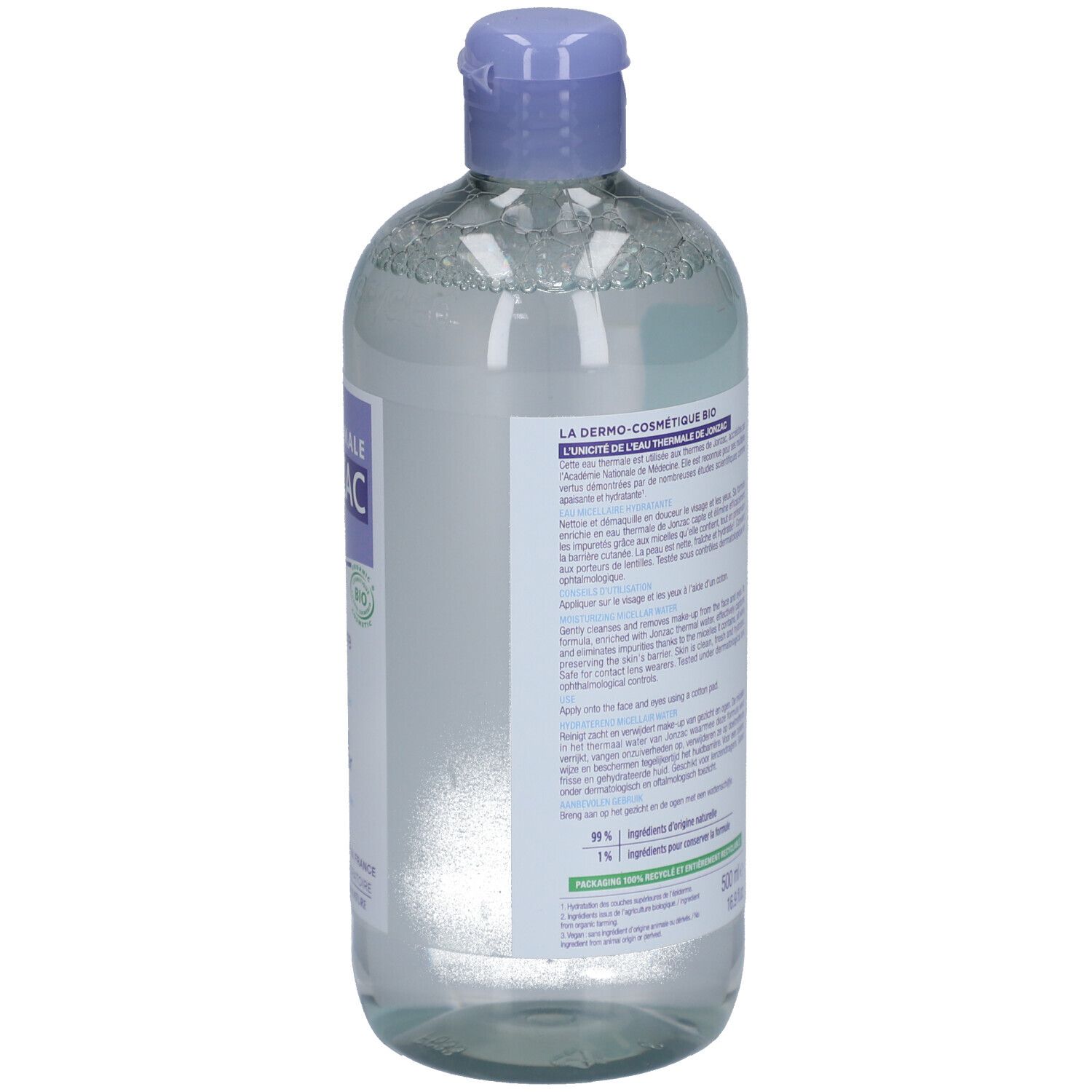 Dos du flacon Jonzac Eau Micellaire Hydratante Bio. Conseils d'utilisation, ingrédients, certifications.