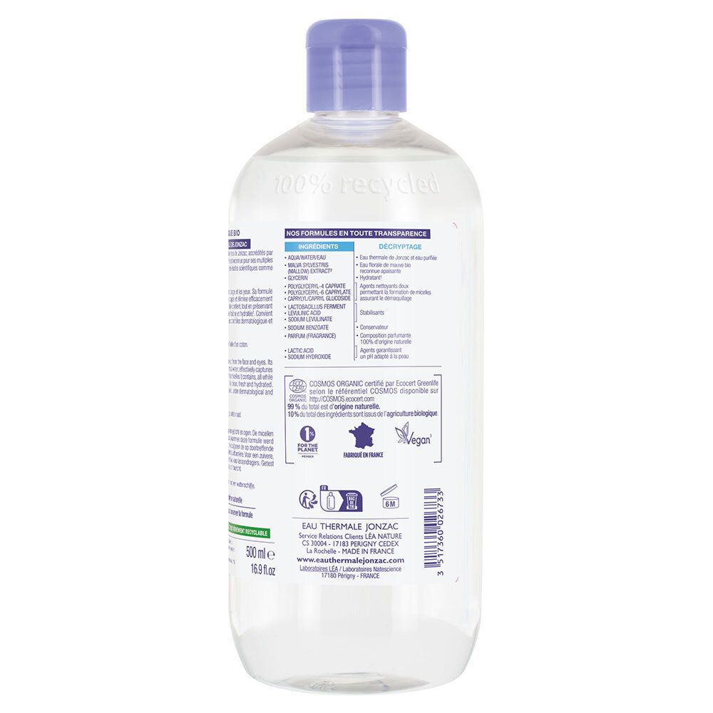 Dos du flacon Jonzac Eau Micellaire Hydratante Bio. Ingrédients, certifications, origine.