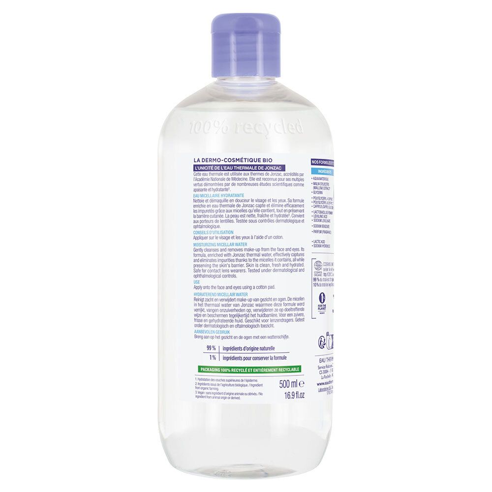 Dos du flacon Jonzac Eau Micellaire Hydratante Bio. Conseils d'utilisation, ingrédients, certifications.
