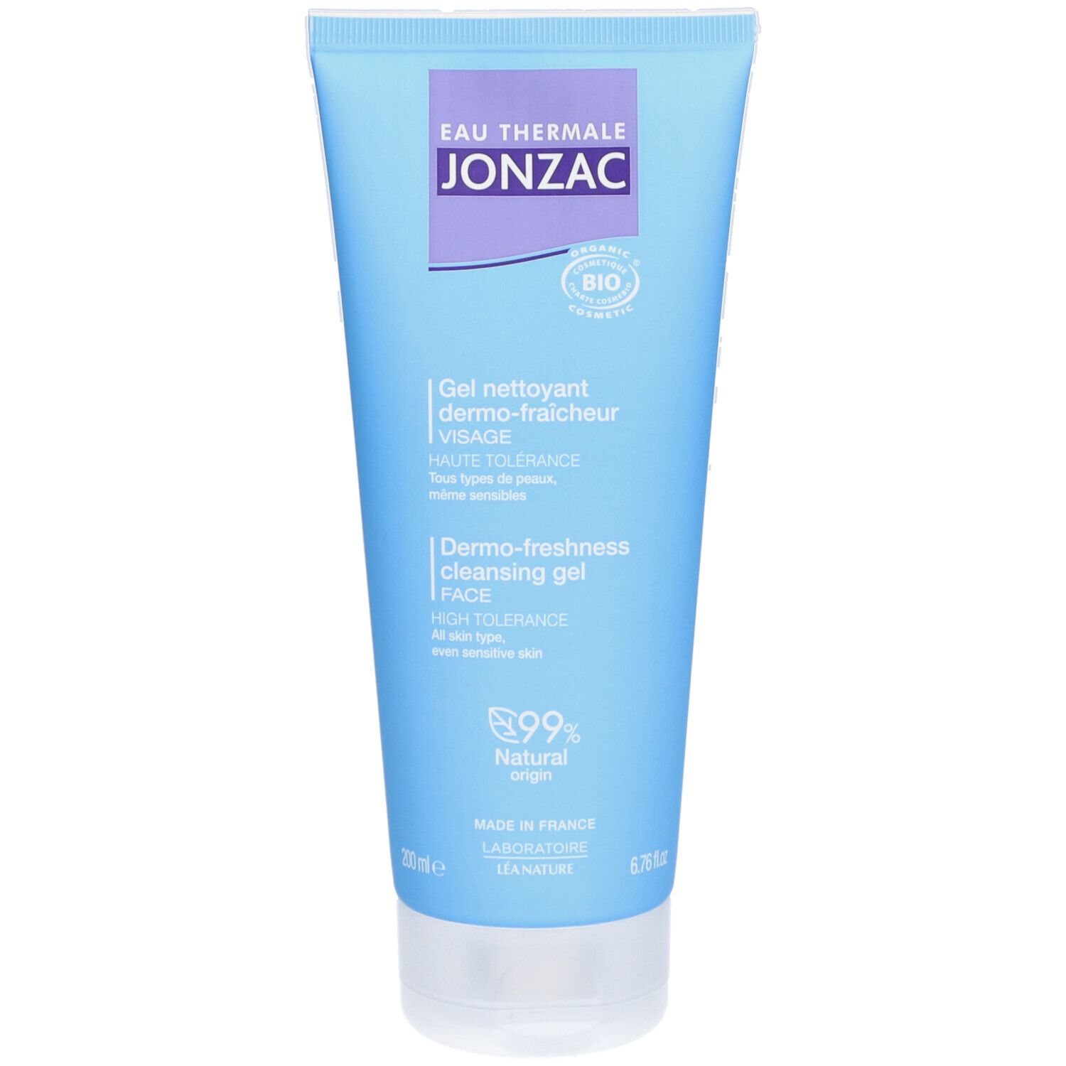 Tube bleu et blanche avec informations produit. En haut à gauche: marque Jonzac. Texte: Gel nettoyant dermo-fraîcheur visage bio. Certification bio.